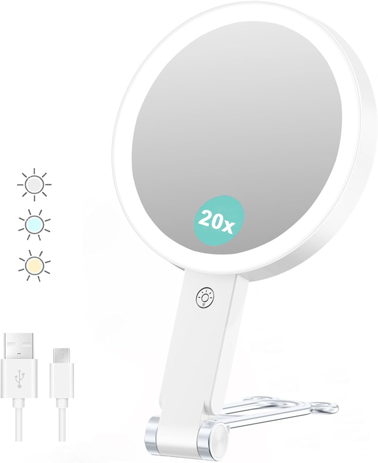 UOEPOWA 20X Magnifying Makeup Mirror, Mirror with 3 Modes Light and Adjustable Brightness, Hanging and Handheld Mirror, Portable Travel Makeup Mirror, 1X20X Double Sided Vanity Mirrors for Women image number 2