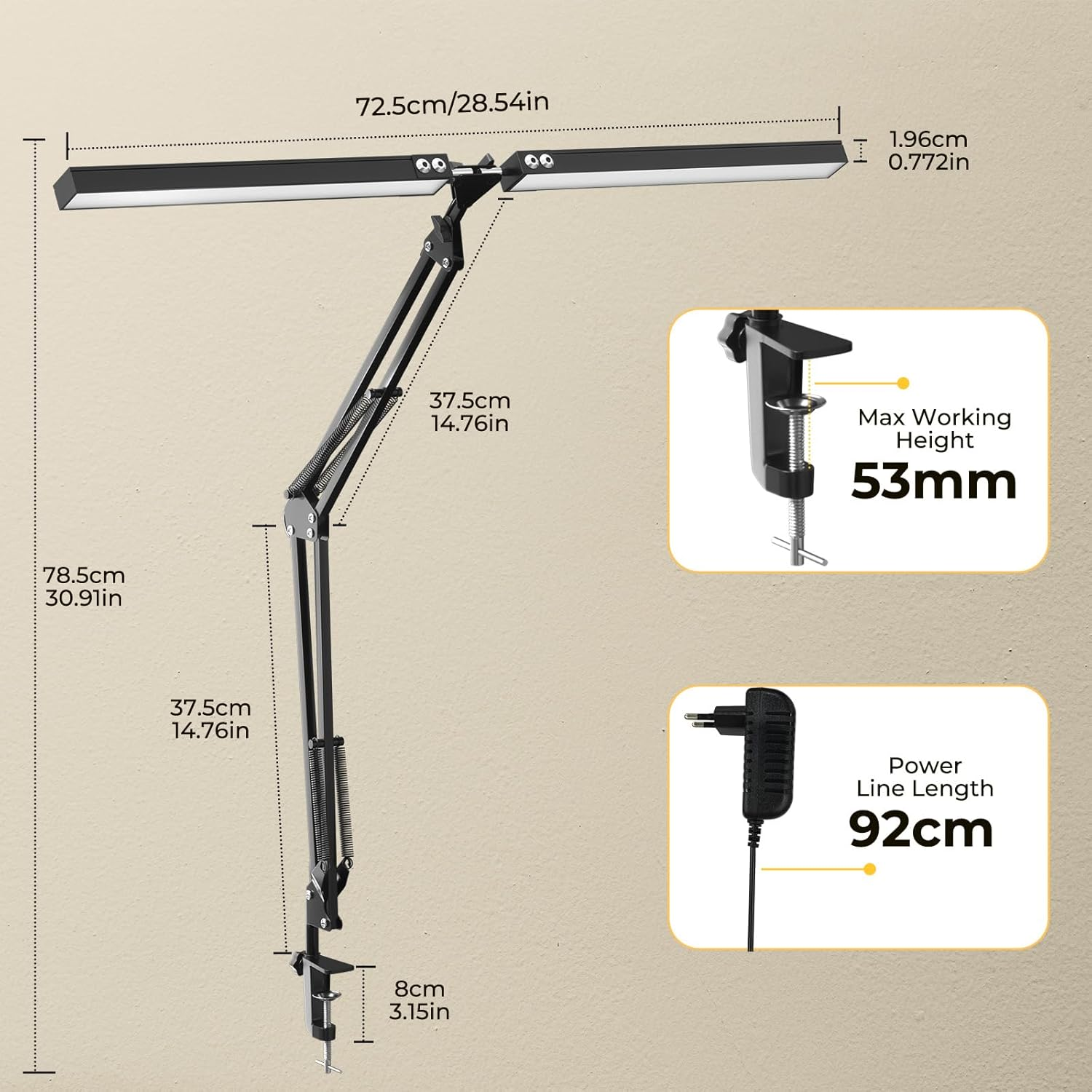 LED Desk Lamp, Double Head Table Lamp, Clampable, Adjustable Swing Arm, 2400 LM, 5 Colour Temperature Modes, Timer and Memory Function, Easy to Install - for Office, Reading, Black image number 1