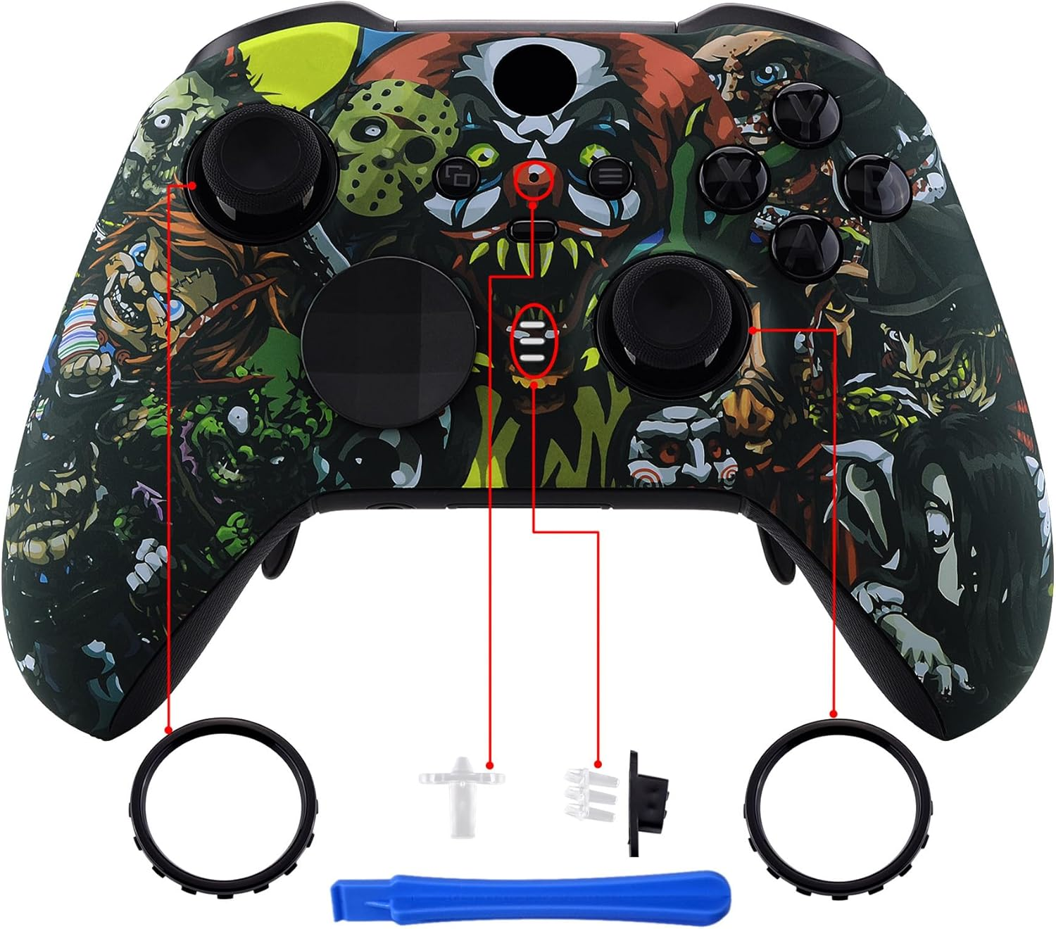 Extremerate Scary Party Patterned Faceplate Cover, Soft Touch Front Housing Shell Case Replacement Kit for Xbox One Elite Series 2 Controller Model 1797 - Thumbstick Accent Rings Included image number 6