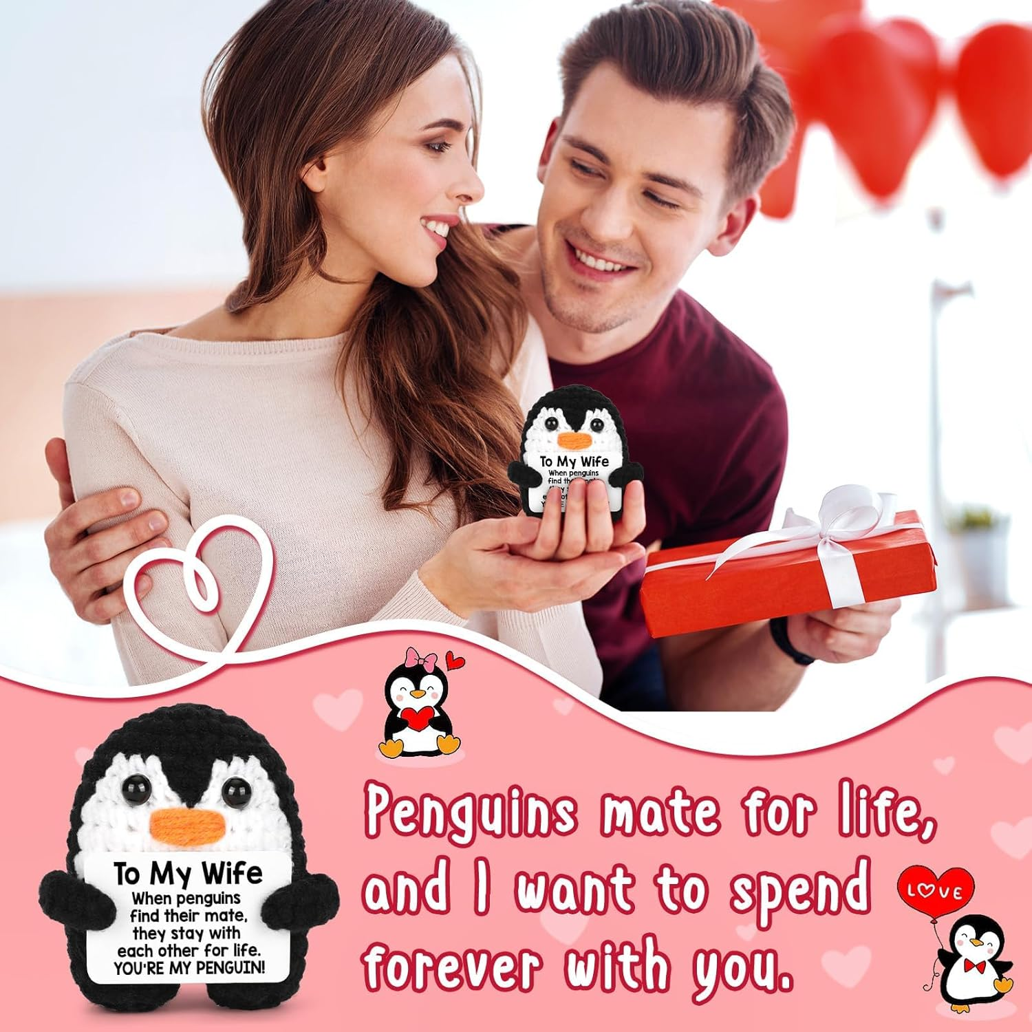 Valentines Day Gifts Her Wife from Husband Birthday, to My Wife Handmade Crochet Emotional Mini Funny Penguin, Romantic Wedding Anniversary Valentine Gifts Women Her, Small Love Sign Decor