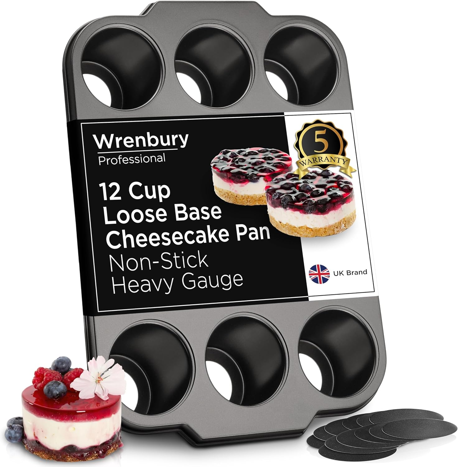 Wrenbury Pro Mini Cheesecake Pans Removable Bottom 12 Hole - Heavy Gauge Carbon Steel Muffin Cupcake Pan Loose Bottom Springform for Baking - 3 Inch Individual Cheesecakes Tin - PFOA Free image number 6