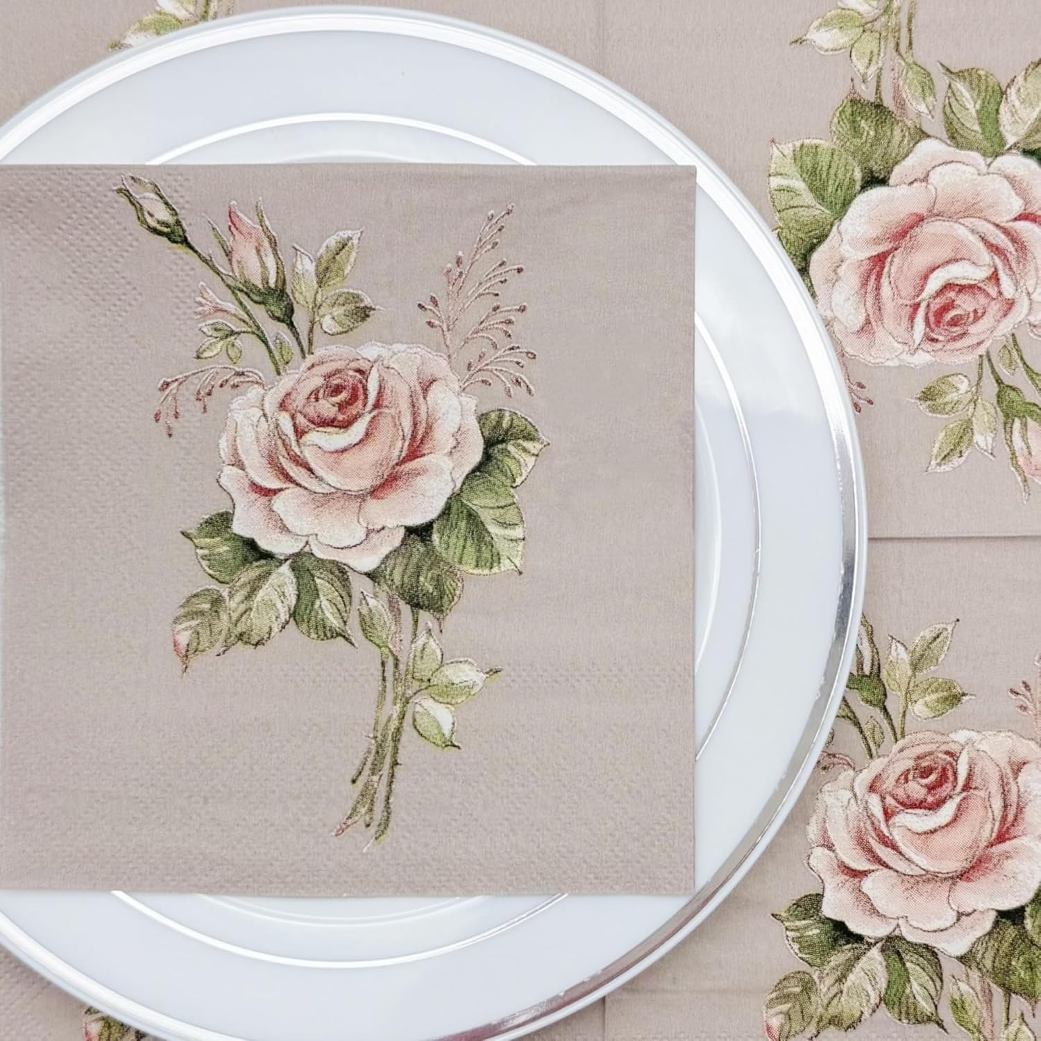 Besalily Vintage Rose Flower Napkins Paper Disposable Decorative Dining Paper Napkins Wedding Party Napkins Cocktail Napkins Paper Napkins Serviettes (25X25Cm) image number 3