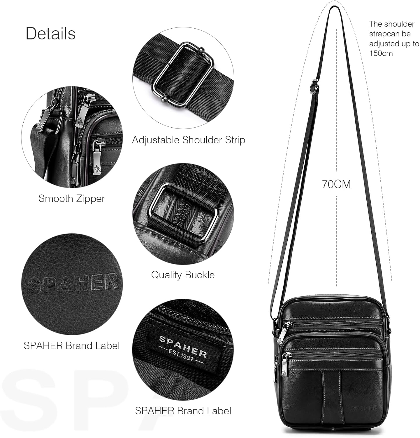 SPAHER Man Bag Small Shoulder Bag for Men Crossbody Leather Bags for Men Leather Handbag Shoulder Bag Business Messenger Backpack Crossbody Casual Sling Travelling Bag Mens Gift - A001 Black image number 6