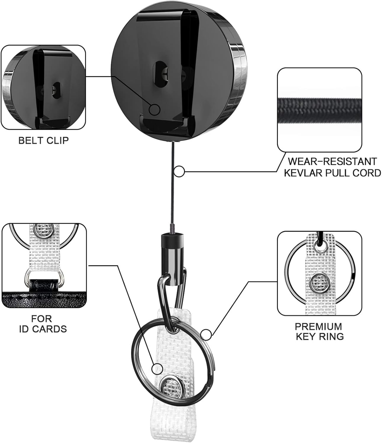 Teskyer Retractable Keychains, Heavy Duty Retractable Badge Reels, Metal Badge Holder with Belt Clip Key Ring for Name Card Badge (Diameter: 1.25 In, Pack of 3, Round) image number 2