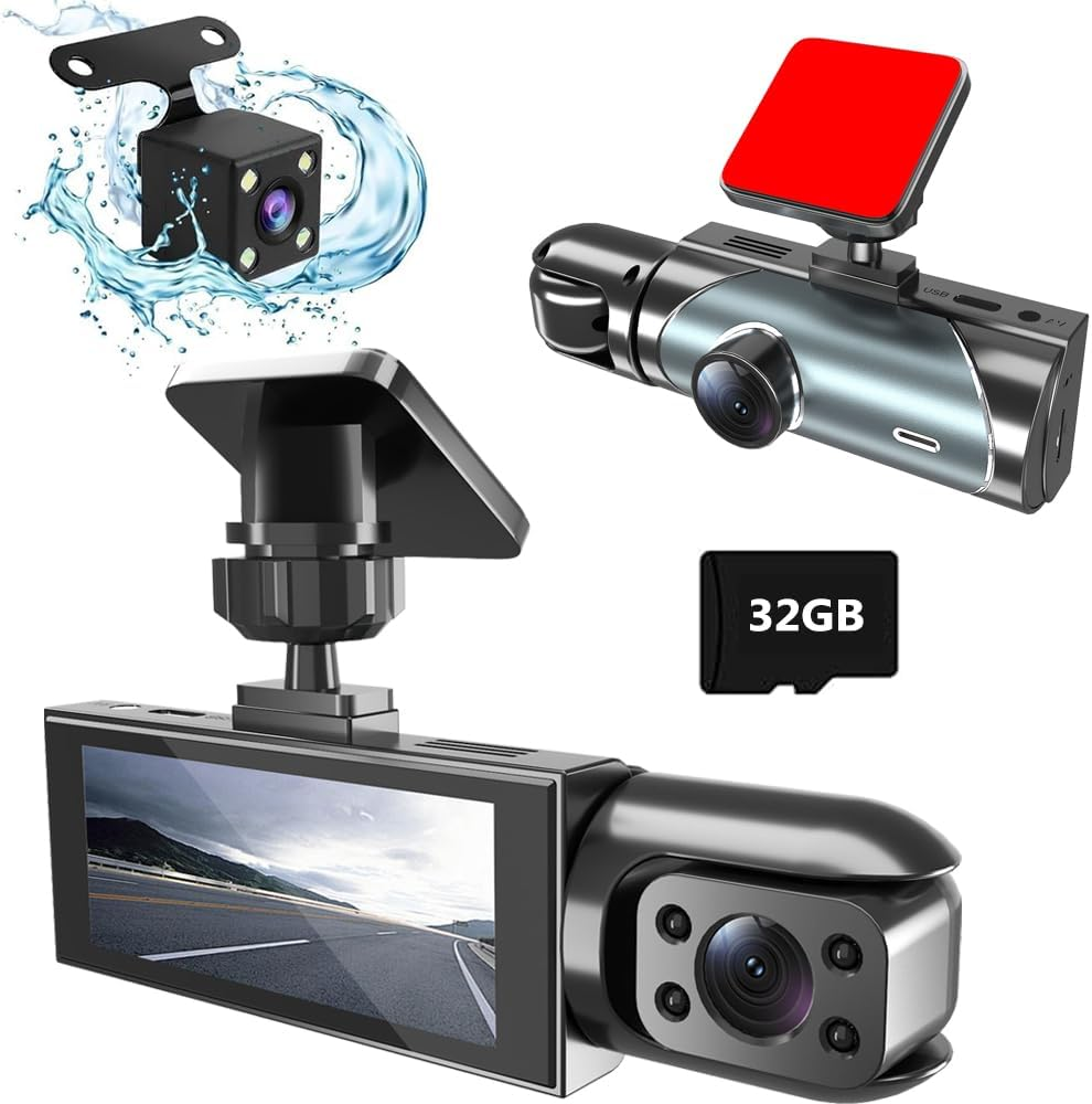 3 Channel Dash Cam Front and Rear inside for Cars, 4K Full UHD Car Camera with 32GB Card, IR Night Vision, 3.18&rdquo; IPS Screen, 176&deg; Wide Angle, 24H Parking Monitor, G-Sensor, Loop Recording image number 4
