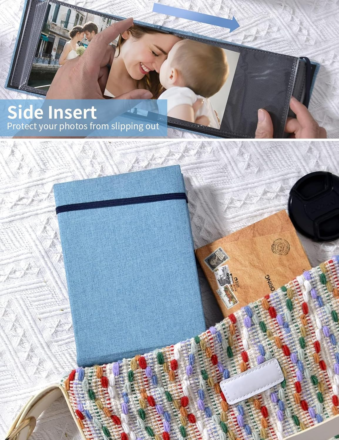 Mini Photo Album, 4X6Inch 100 Photos Pockets Linen Cover Scrapbook for Artwork Postcards Pictures Storage, Baby Tethered Picture Album Binder for Gifts, Small DIY Photos Books to Record Memories (BL) image number 4