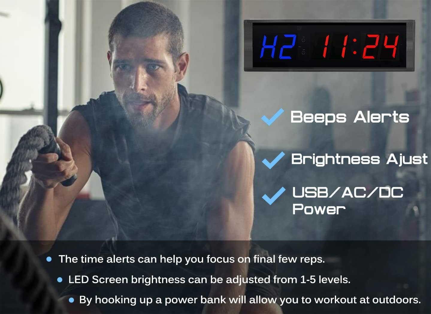 Miners2000 Gym Timer Clock for Home Gym with Remote, 1.5" Gym Clock Timer Stopwatch Count Down/Up, Workout Timer Interval Clock with Buzzer, LED Interval Training Timer for Home Garage Outdoors image number 5