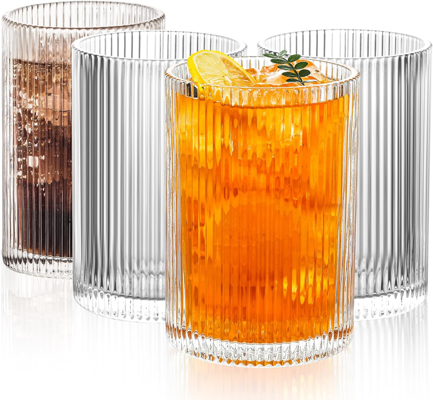 POLIDREAM Drinking Glasses Set of 4 Vintage Whiskey Glasses 500Ml Art Decor Ribbed Glassware Set Embossed Glass Tumblers Cocktail Glasses Water Glasses for Beer Juice Milk(8.3X8.3X13Cm) image number 5