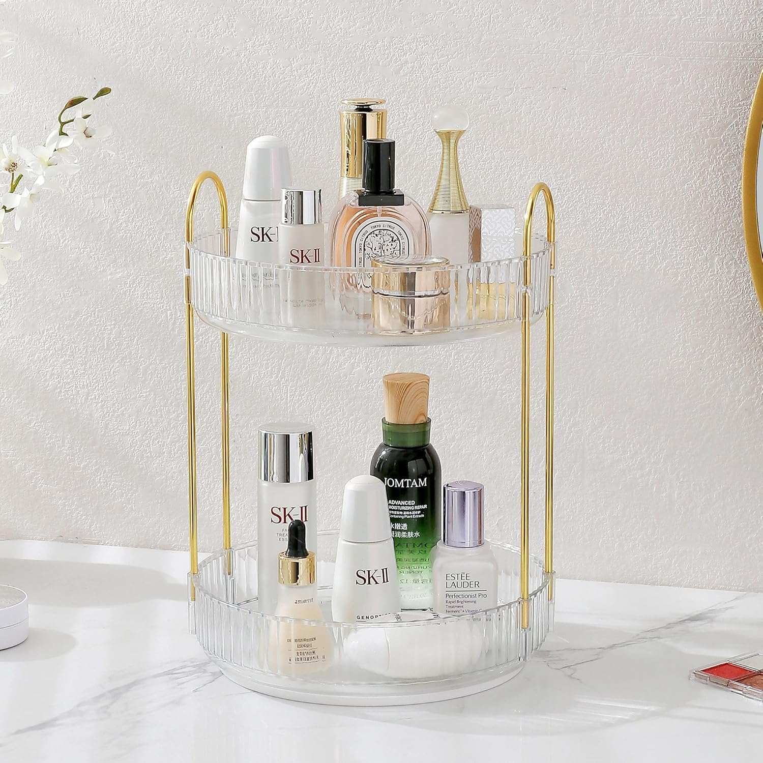 METOY Rotating Makeup Organizer for Vanity, Perfume Skincare Organizers Make up Storage for Bathroom Counter, Clear Spinning Cosmetic Lipstick Toiletry Organizer Holder (Pearl White, 2 Tier) image number 6