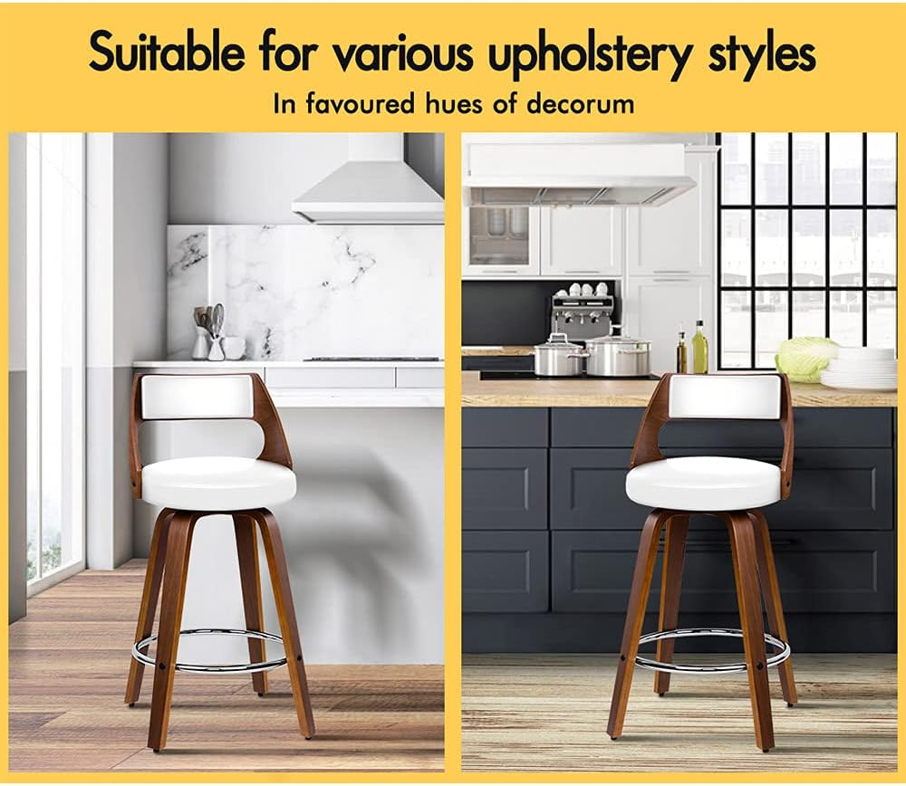 ALFORDSON Bar Stools 2X Swivel Kitchen Stool 65Cm Seat Height Wooden Counter Stool with Footrest and Adjustable Leg Levelers Leather Leather Dining Chairs for Home Bar Dining Room (Eden White) - 2 X Eden Black  White image number 6