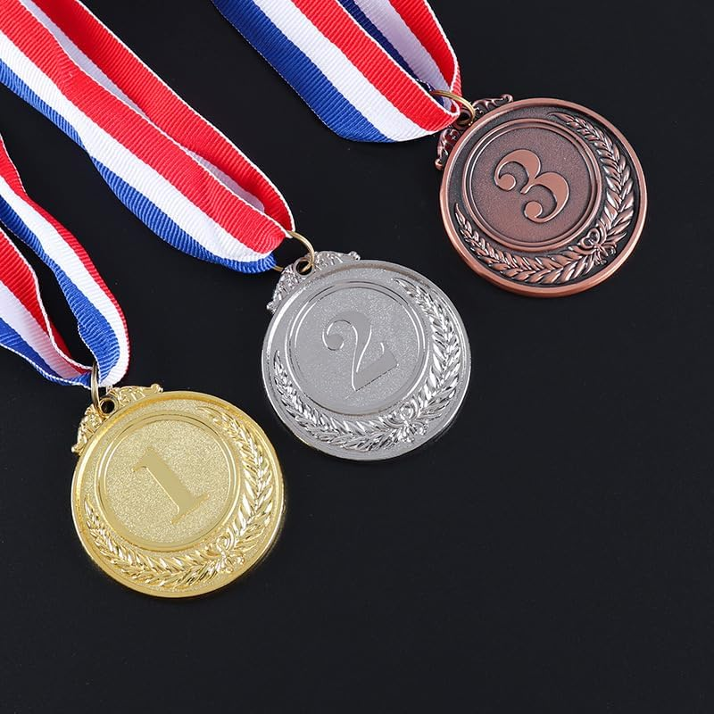3PCS 1St, 2Nd, 3Rd Award Medals, 2 Inches Winner Medals Gold Silver Bronze Prizes with Red White Blue Neck Ribbon for Competitions Awards, Olympic Style Party Decorations image number 5