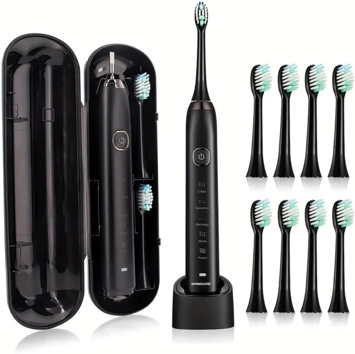 Sonic Electric Toothbrush, Travel Electric Toothbrush for Adults, IPX7 Rechargeable Oral Toothbrushes with 8 Brush Heads and Travel Case, 5 Modes with 2 Minutes Built in Smart Timer (Black)