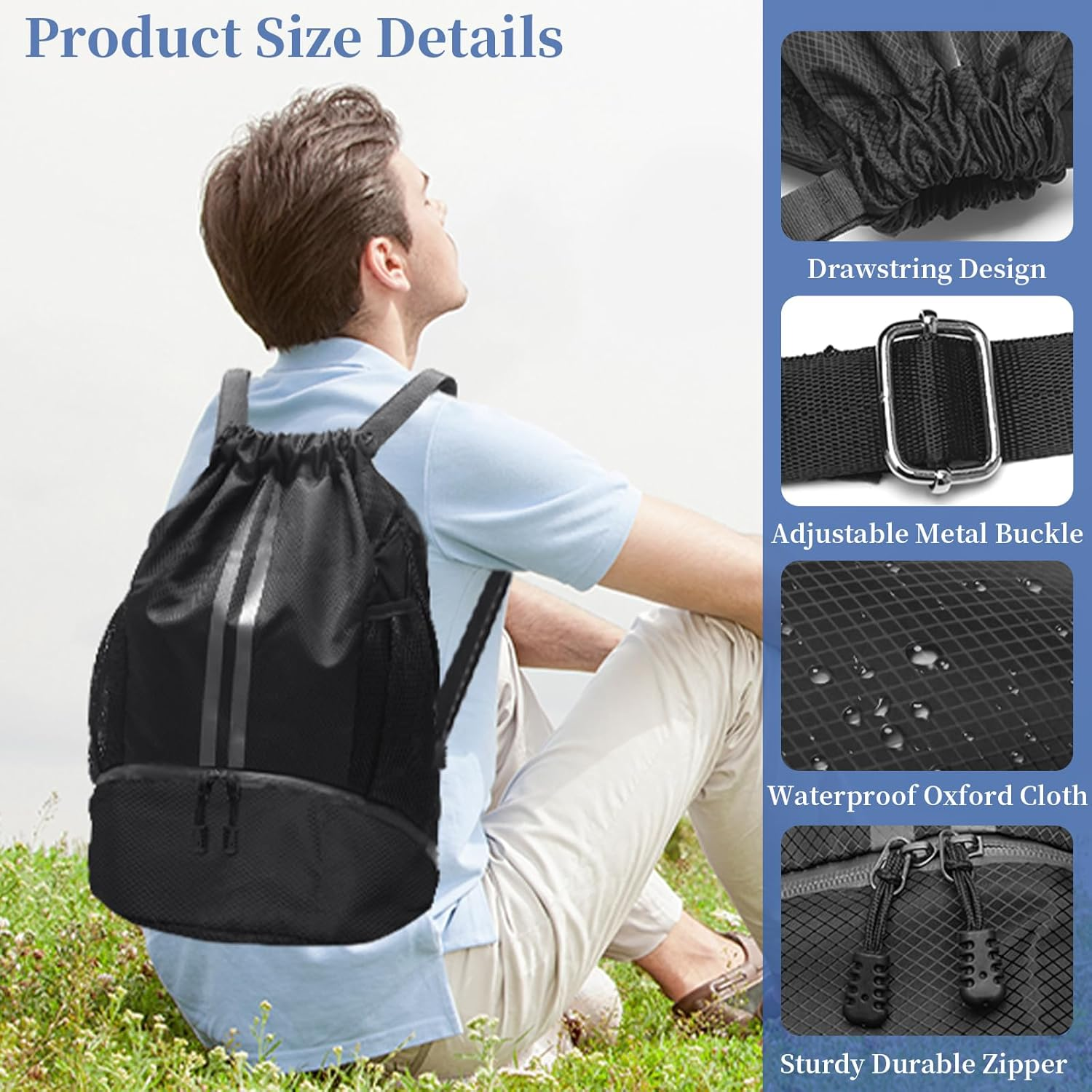 Sports Ball Bags with Dry Wet Separation Shoe Compartment, Water Resistant Drawstring Gym Bag Backpack, Side Mesh Pockets Gym Bag, Cricket Football Rugby Basketball Volleyball Backpack image number 4