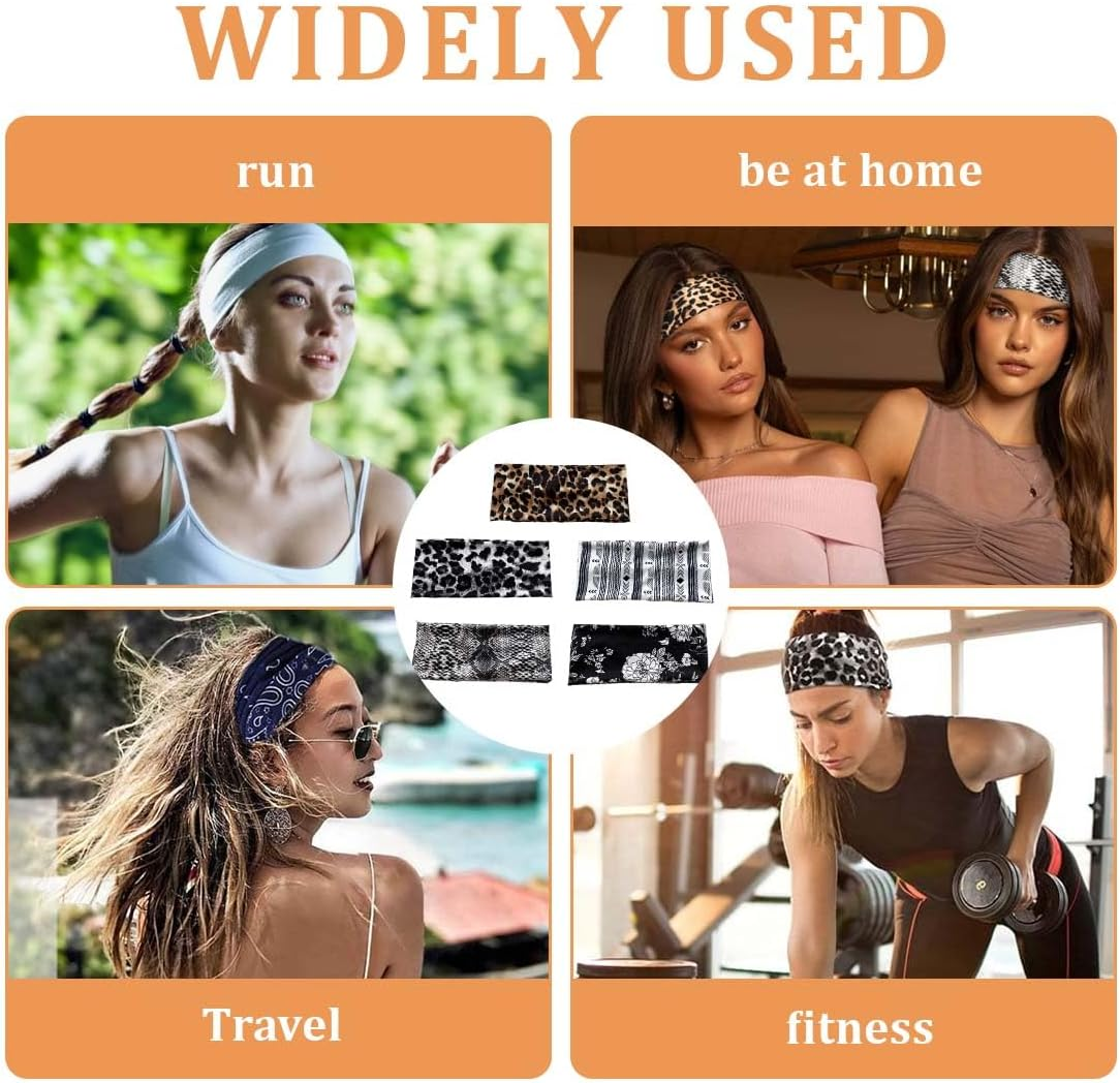 KEMUZ Pack of 6 Women'S Sports Headbands, Non-Slip & Breathable Hair Bands with Leopard Boho Print Headbands, Black Headbands, Thin Headband for Yoga, Running, Gym and Summer Hair Accessories image number 4