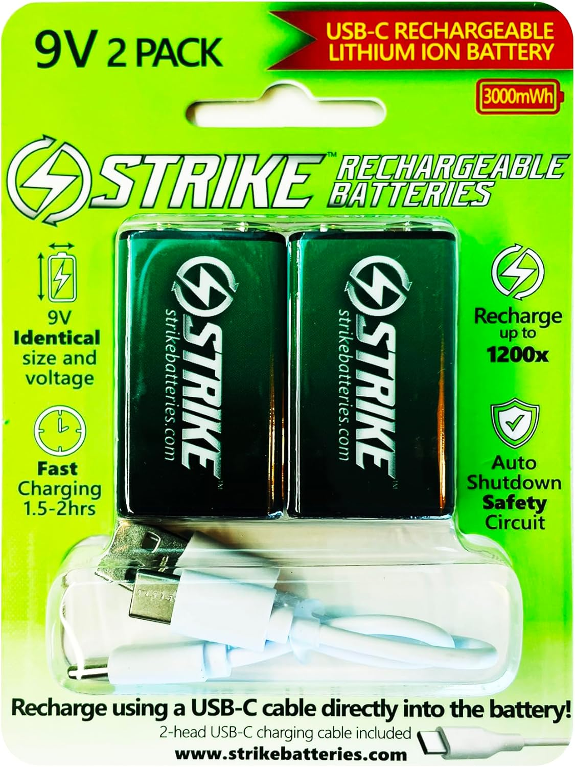 9V Battery Lithium Ion 2 Pack Smart LED 9V 3000Mwh USB-C Rechargeable with Charging Cable, No Charging Box Needed! image number 2