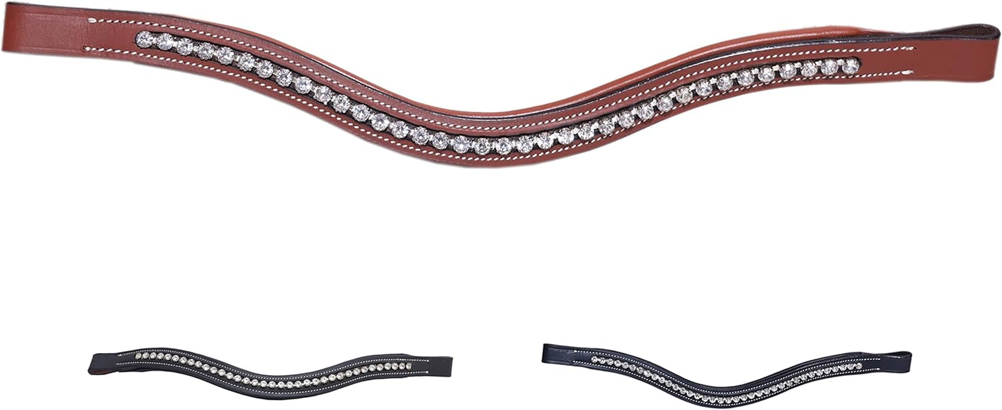Majestic Ally Curved Crystal Padded Premium Leather English Browband for Horse Bridle - Chestnut image number 4