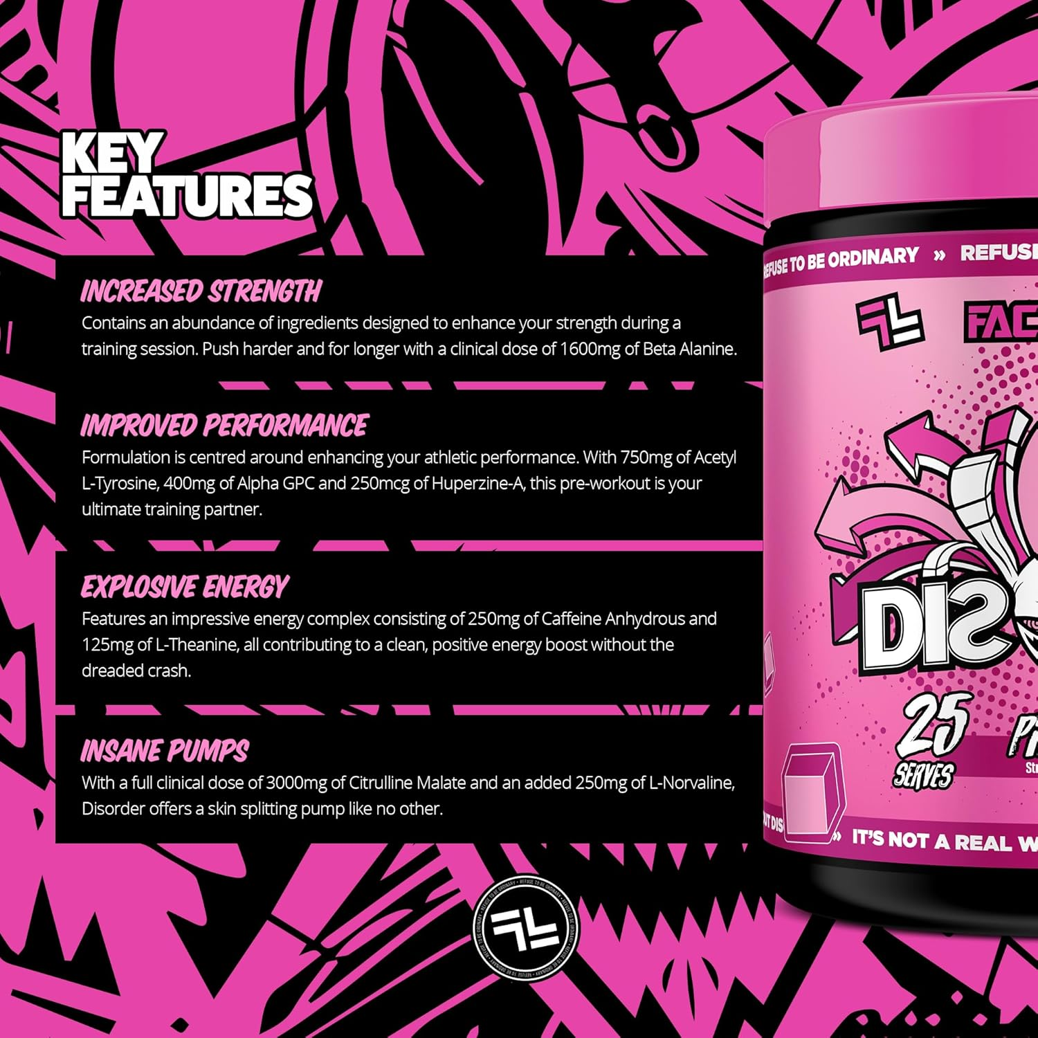 Faction Labs Disorder Original Pre Workout Powder, Pink Bits (Strawberries & Cream), Sugar Free Caffeinated Gym Supplement, 25 Serves, 225G