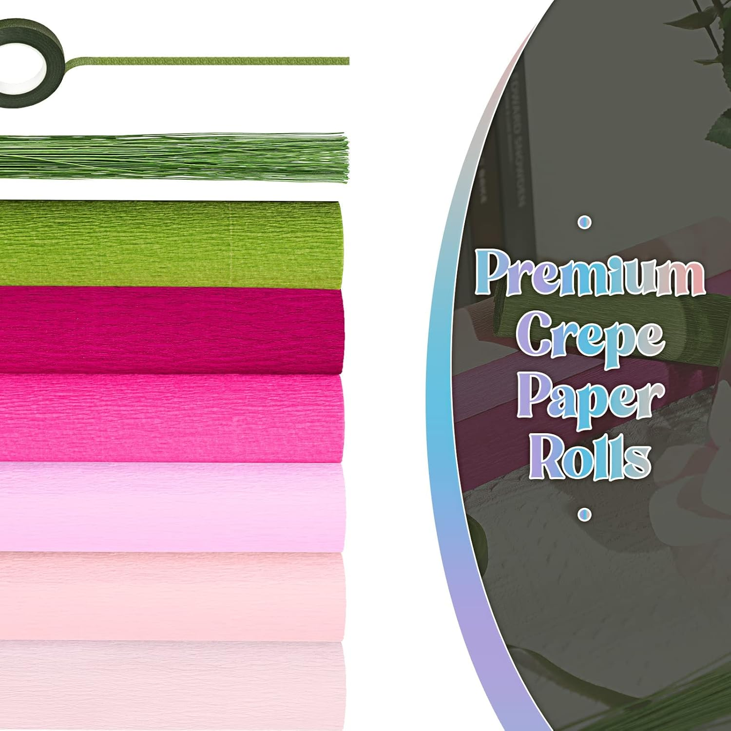 57 Pcs Crepe Paper Flower DIY Kits 6 Rolls 35G Crepe Paper Sheets 50 Pcs Floral Iron Wire 10 Inch X 8 Feet 1 Roll 50 Meter for Birthday Party Wedding(Pink Series, Green) image number 1