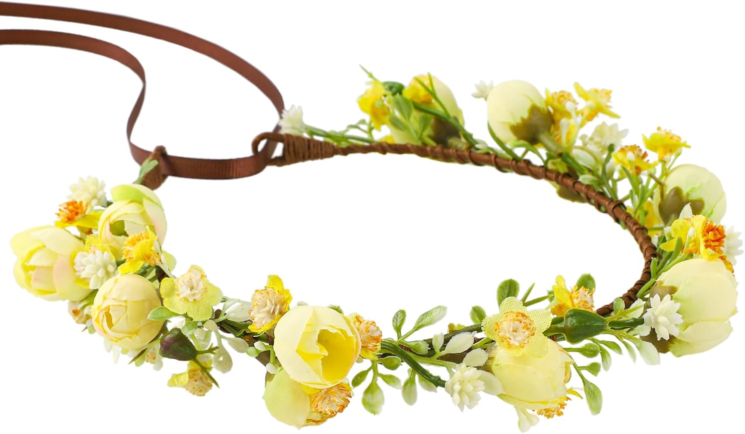 Korvishow Handmade Flower Crown Floral Headpiece Green Leaf Headband Wedding Flower Crowns for Bride Floral Garland Hair Wreath Birthday Party(Yellow Style)