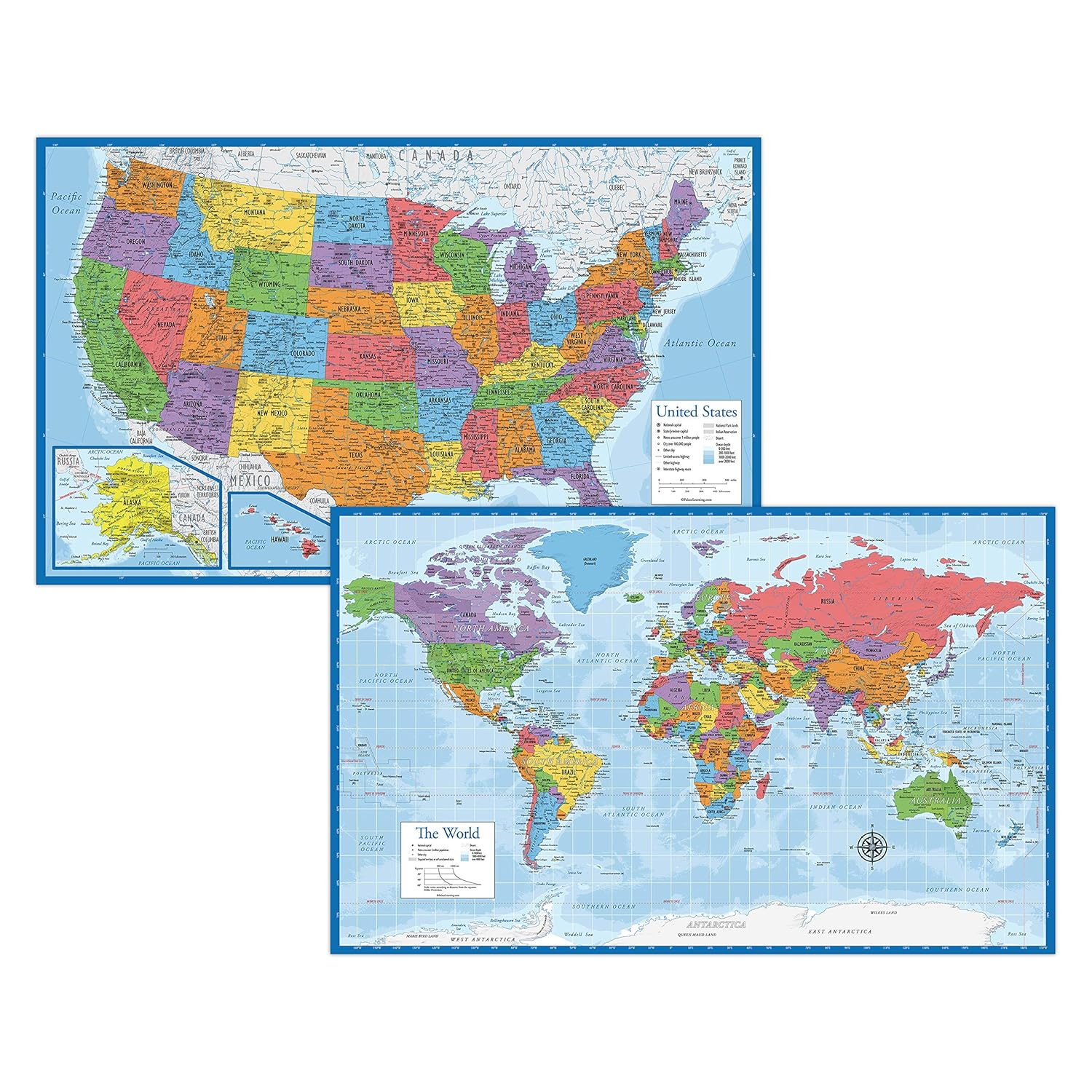 Laminated World Map & US Map Poster Set - 18" X 29" - Wall Chart Maps of the World & United States - Made in the USA (LAMINATED) image number 4