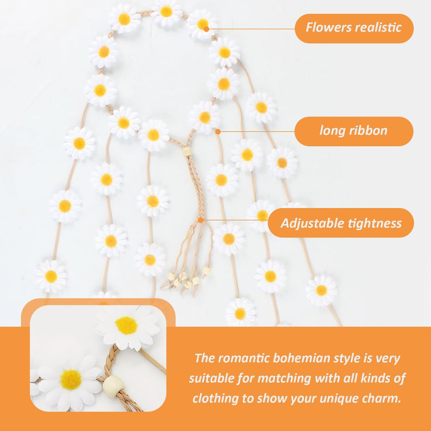Pack of 2 Daisy Headband, Boho Headband, Daisy Headband, Adjustable Flower Headband, Scrunchie Headband, Sunflower Headband image number 4