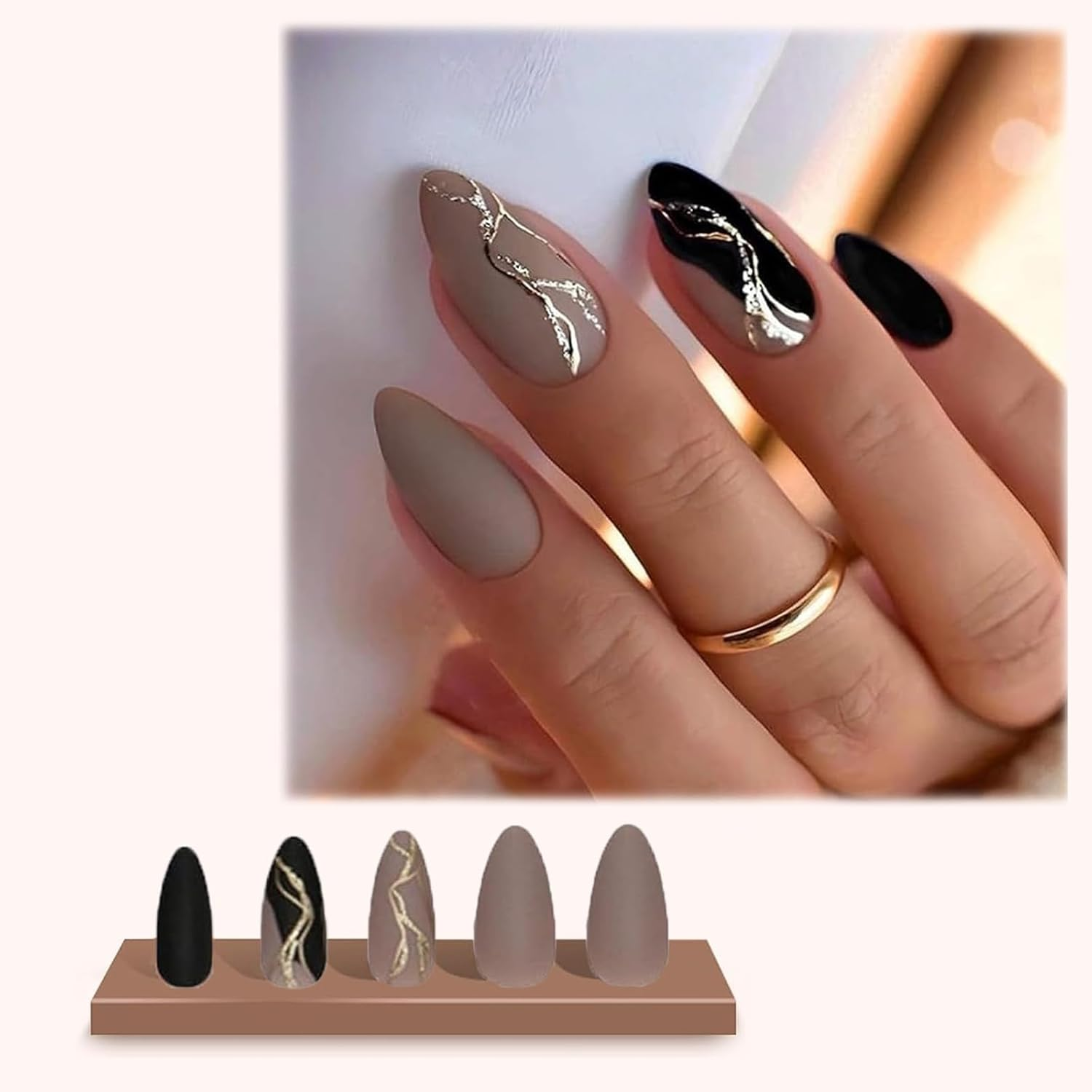 Tzylomirx 24 Pcs Press on Almond Nails with Metal Line Design, Medium Length French Tip Elegant and Stylish Coffin False Nails, Glossy Full Cover Acrylic Nails Ideal for Women & Girls