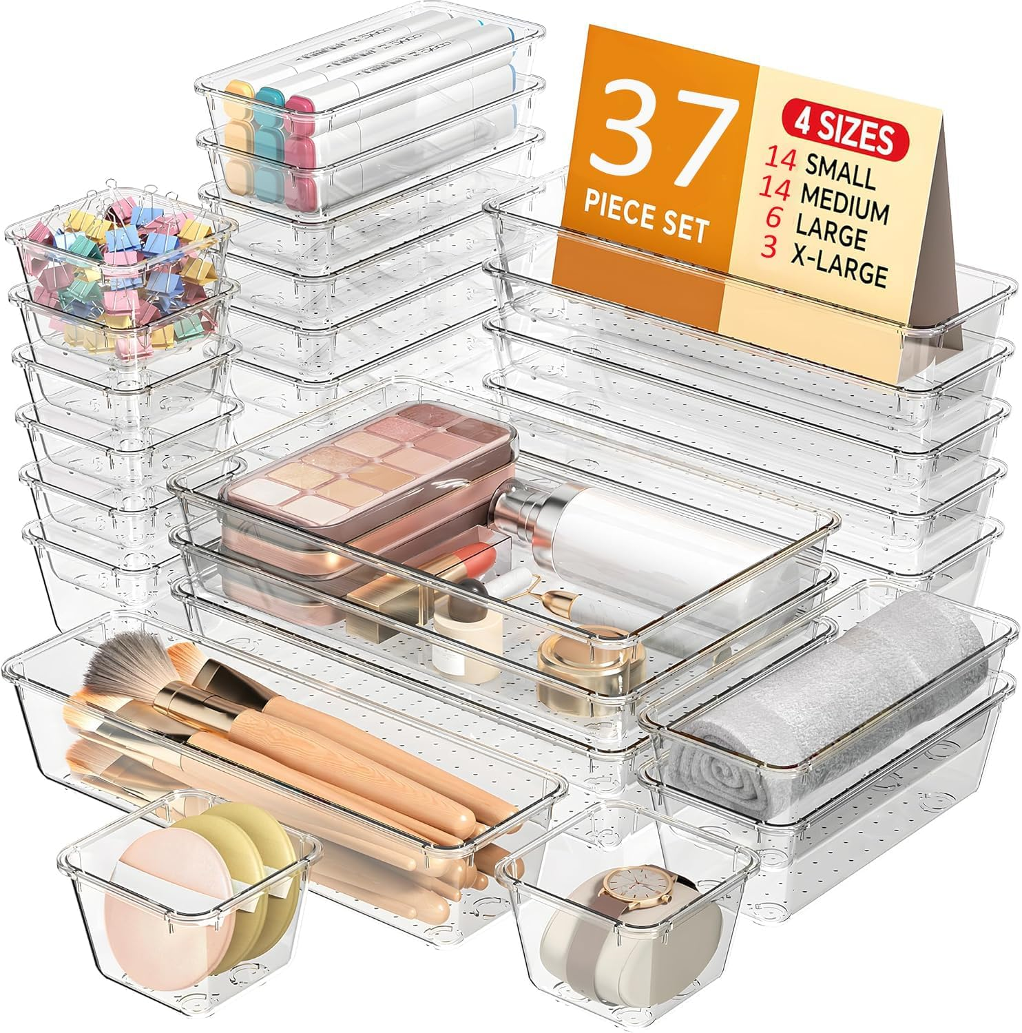 37Pcs Drawer Organisers Set, 4 Sizes Clear Plastic Drawer Organizer & Vanity Organiser for Makeup & Jewelry Storage, Kitchen Utensils & Gadgets, Desk Supplies, Bathroom & Bedroom Organisation image number 4