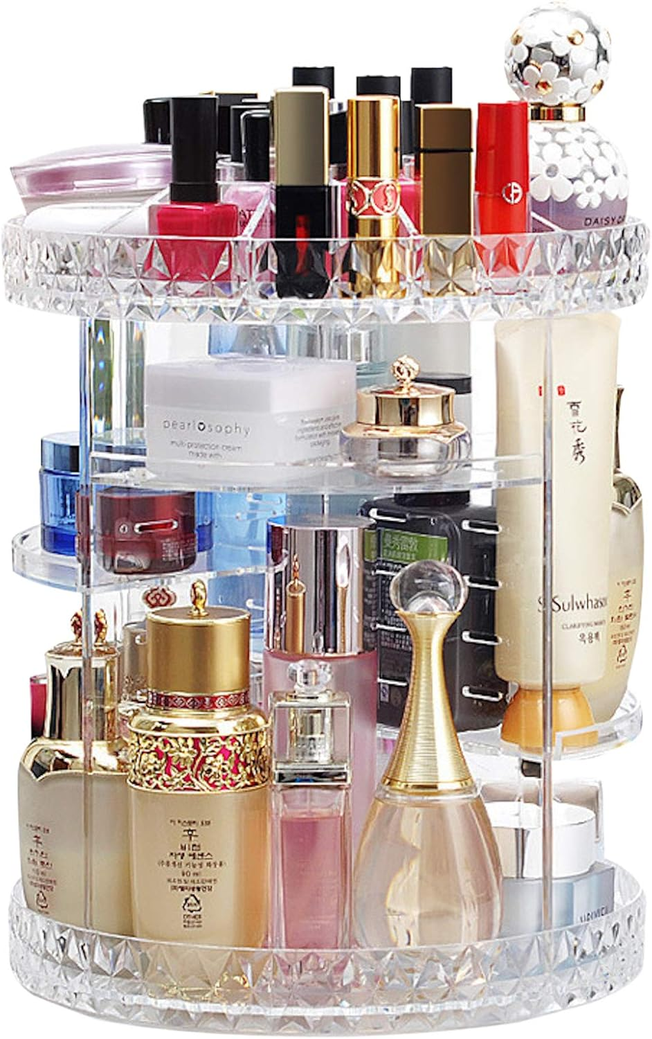 Elonglin Makeup Organiser, Rotating 360 Degree Crystal Adjustable Jewelry Cosmetic Perfumes Display Stand Box, Fits Lipsticks,Makeup Brushes, Perfume and More- Crystal Clear