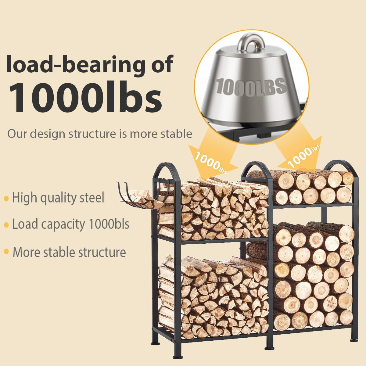 Firewood Rack Indoor with Hooks, 31Inch Firewood Rack, Log Holders for Firewood Outdoor, Fireplace Wood Holder Indoor, Adjustable Small Fire Wood Storage