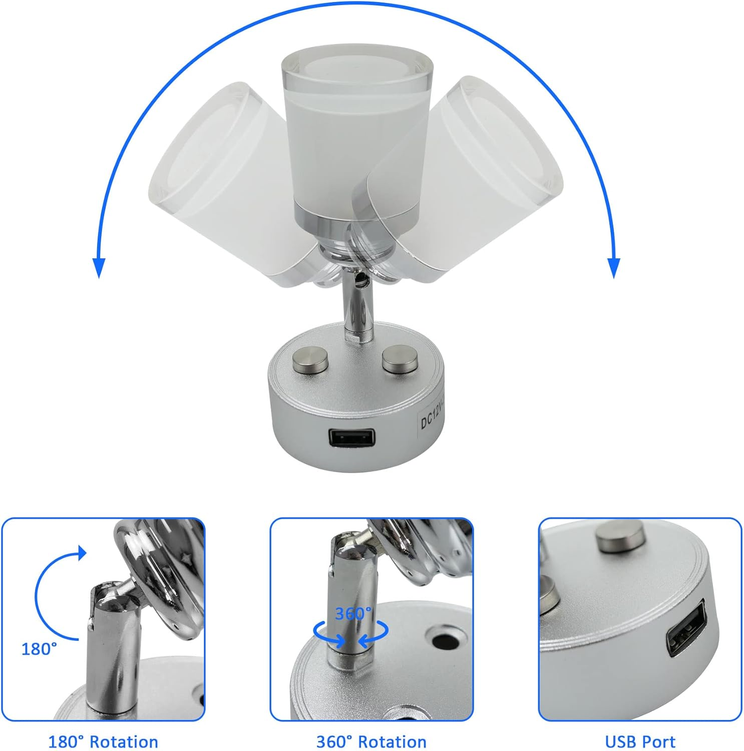 RV Reading Lights LED 12V Fixtures with USB Port Dimmable RV Reading Light for Camper, Van, Boat and Motorhome Adjustable Touch Control Warm White Lights 2Pack (A) image number 3
