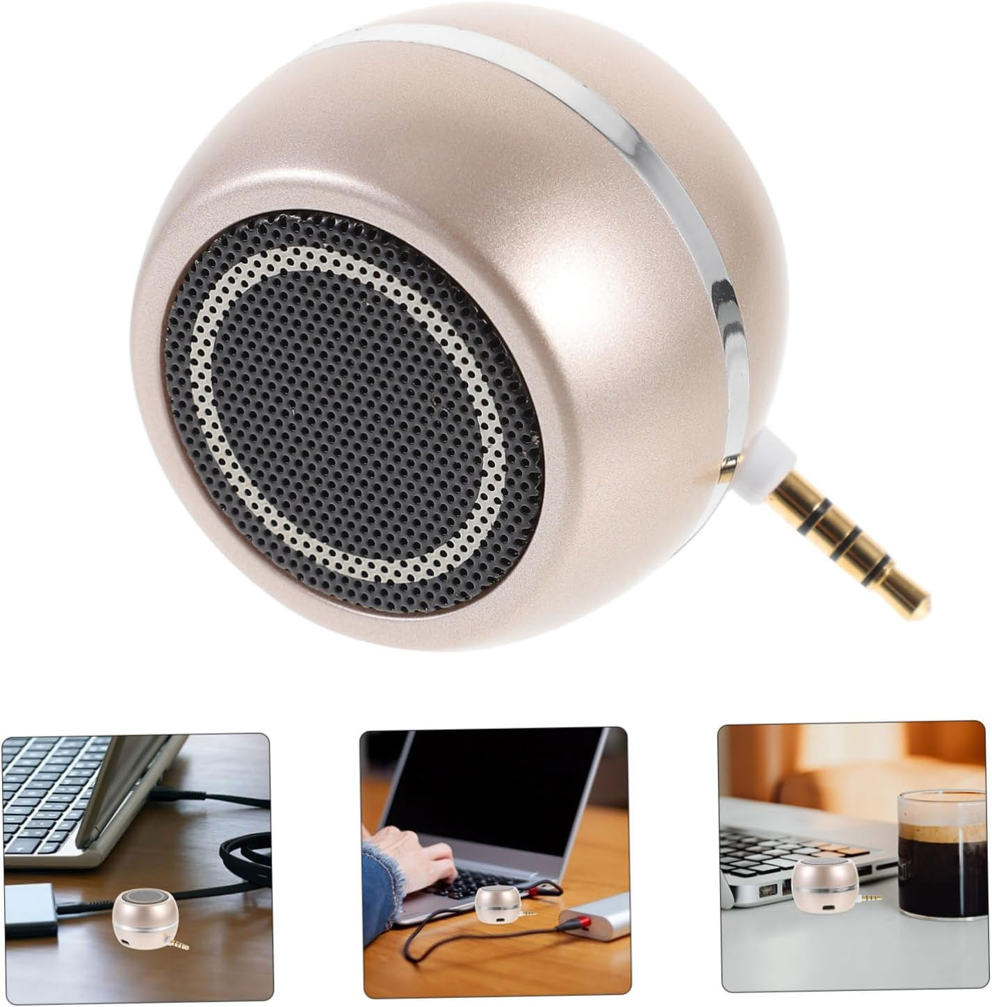Mini Speaker 3.5Mm Aux and USB Rechargeable Desktop Loudspeaker for Mobile and Laptop, Portable Wired Aux in Speaker, Compact Gold Finish Sound System for Travel and Home Use image number 6