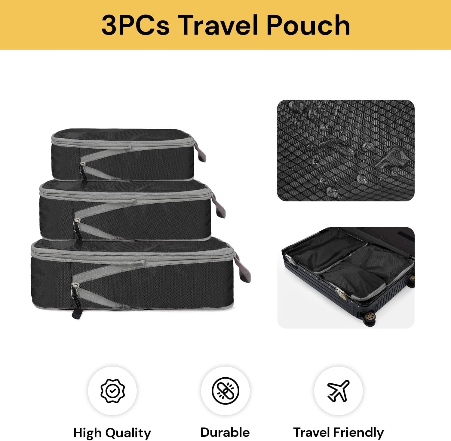 Spendeal 3PCS Compression Packing Cubes for Travel Packing Organisers Vacation with Double Smooth Zipper, Luggage Suitcase Organizer Bags, Expandable Packing Organizers (Black) image number 2