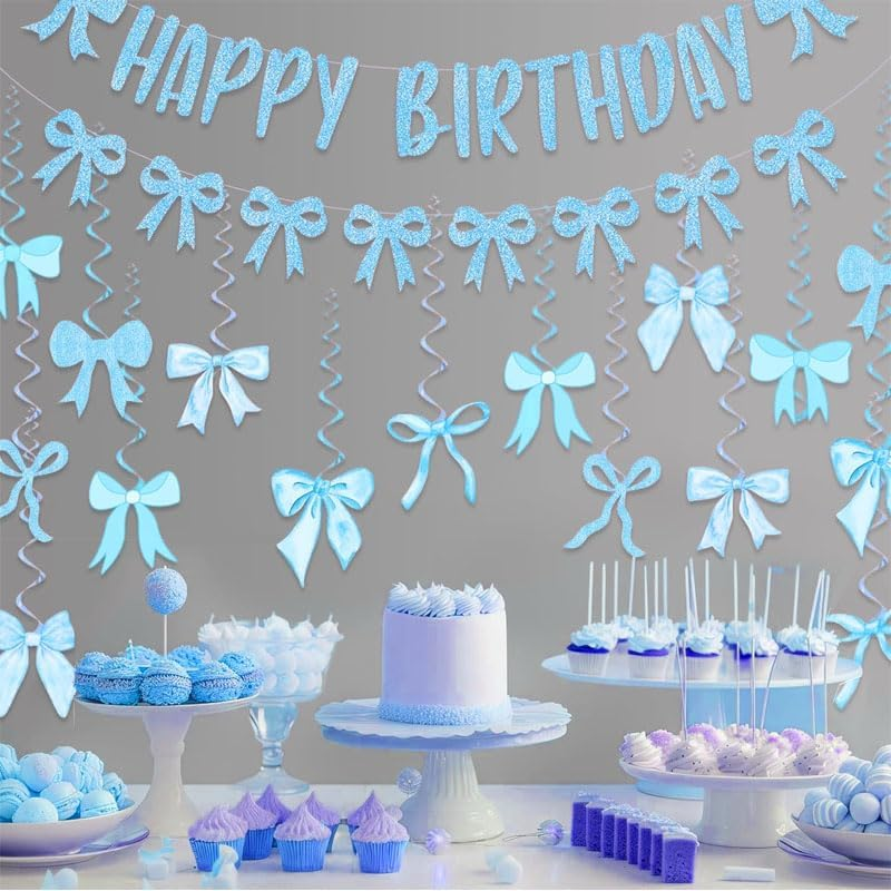 WADY 30Pcs Pink Bow Happy Birthday Banner Set with Glitter Garland & 7 Hanging Swirls, Girly Birthday Party Decorations for Girls, Bow Themed Backdrop Wall Hanging (Pink) - Pink image number 5