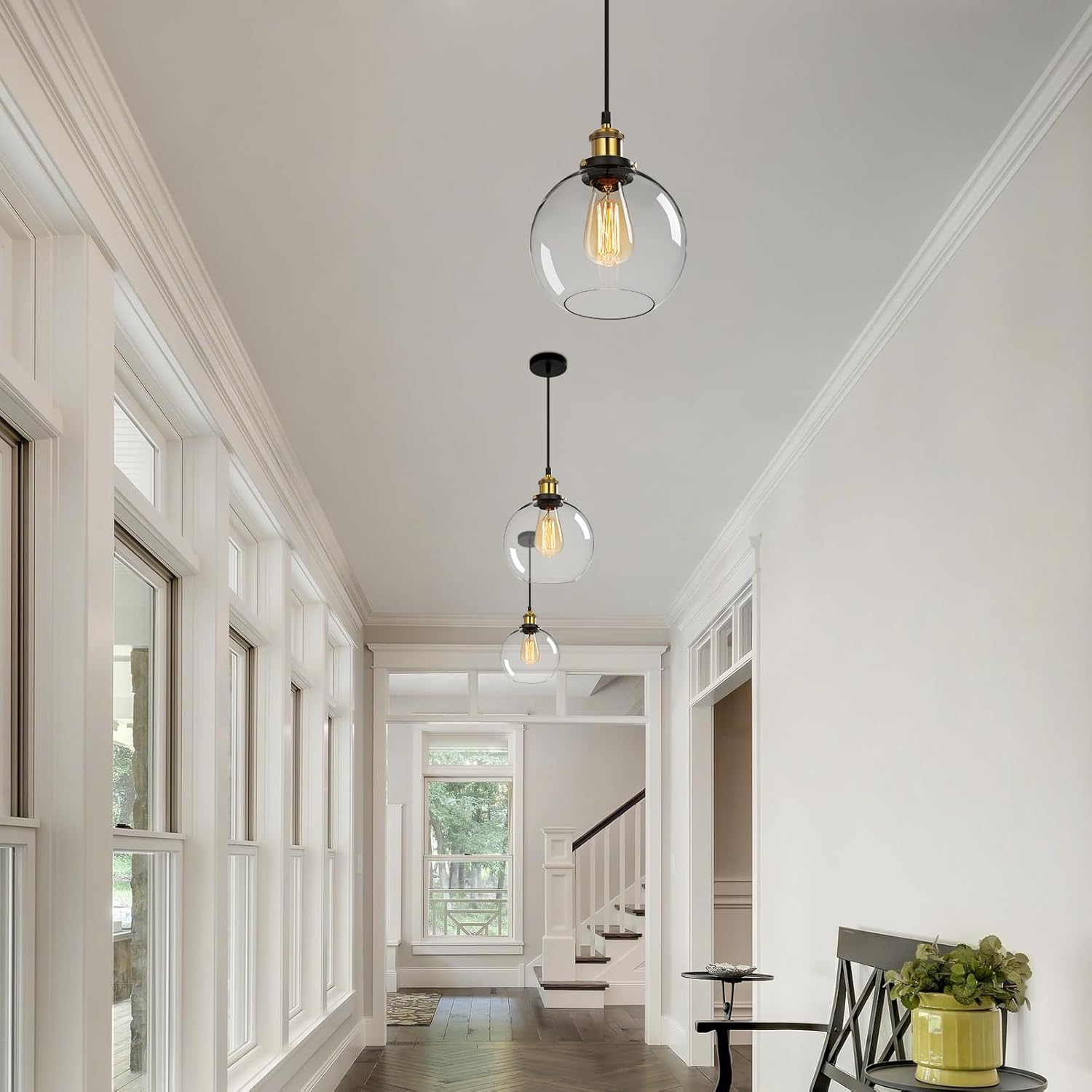 FORCOSO 3PCS Vintage Glass Pendant Light, Industrial Ceiling Pendant Lights with Clear Glass Globe Shade, Adjustable Pendant Lighting for Kitchen Island Dining Table Hallway Entryway（&Oslash;20Cm） image number 1