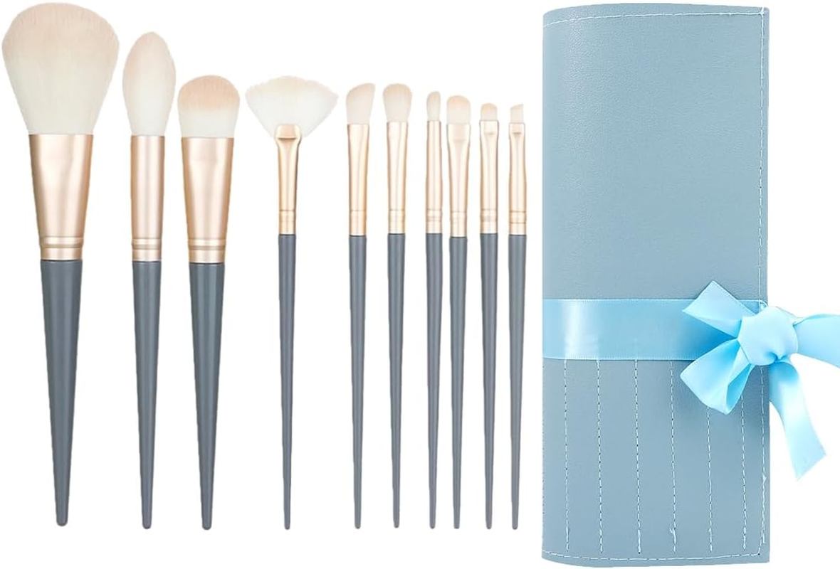 10 Pieces Professional Makeup Brush Set Cosmetic Brushes for Eyeshadow Eyebrow Foundation with Cosmetic Bag (Blue) image number 4