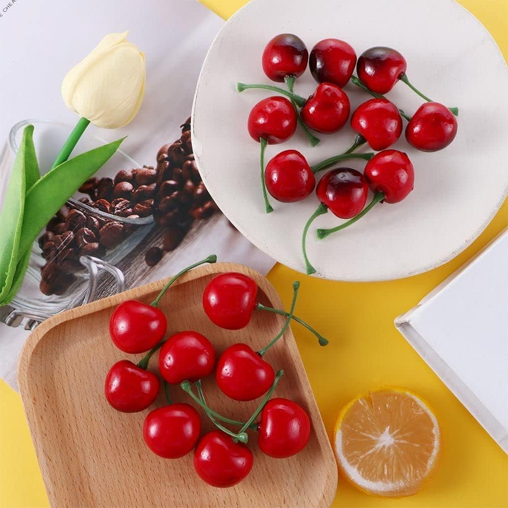 YSSZAM 20Pcs Red Artificial Cherry Fruit Lifelike Simulation Cherries,Artificial Cherry Decorations Fake Fruit Model,For Home Kitchen Decoration Artificial Fruits image number 4