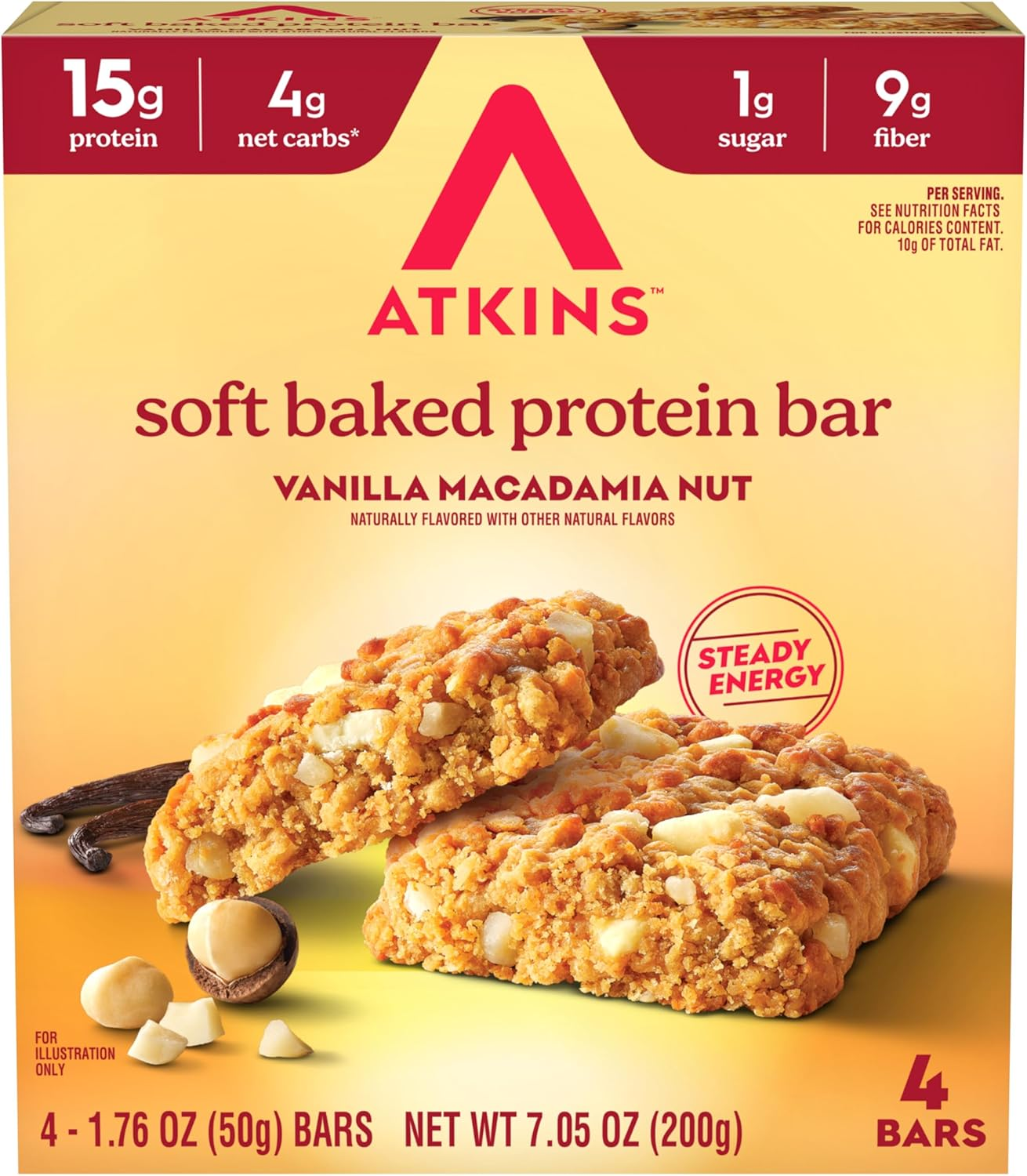 Atkins Soft Baked Protein Bars, Vanilla Macadamia Nut, 15G Protein, 1.1G Sugar, Excellent Source of Fibre, Low Carb, 4 Pack