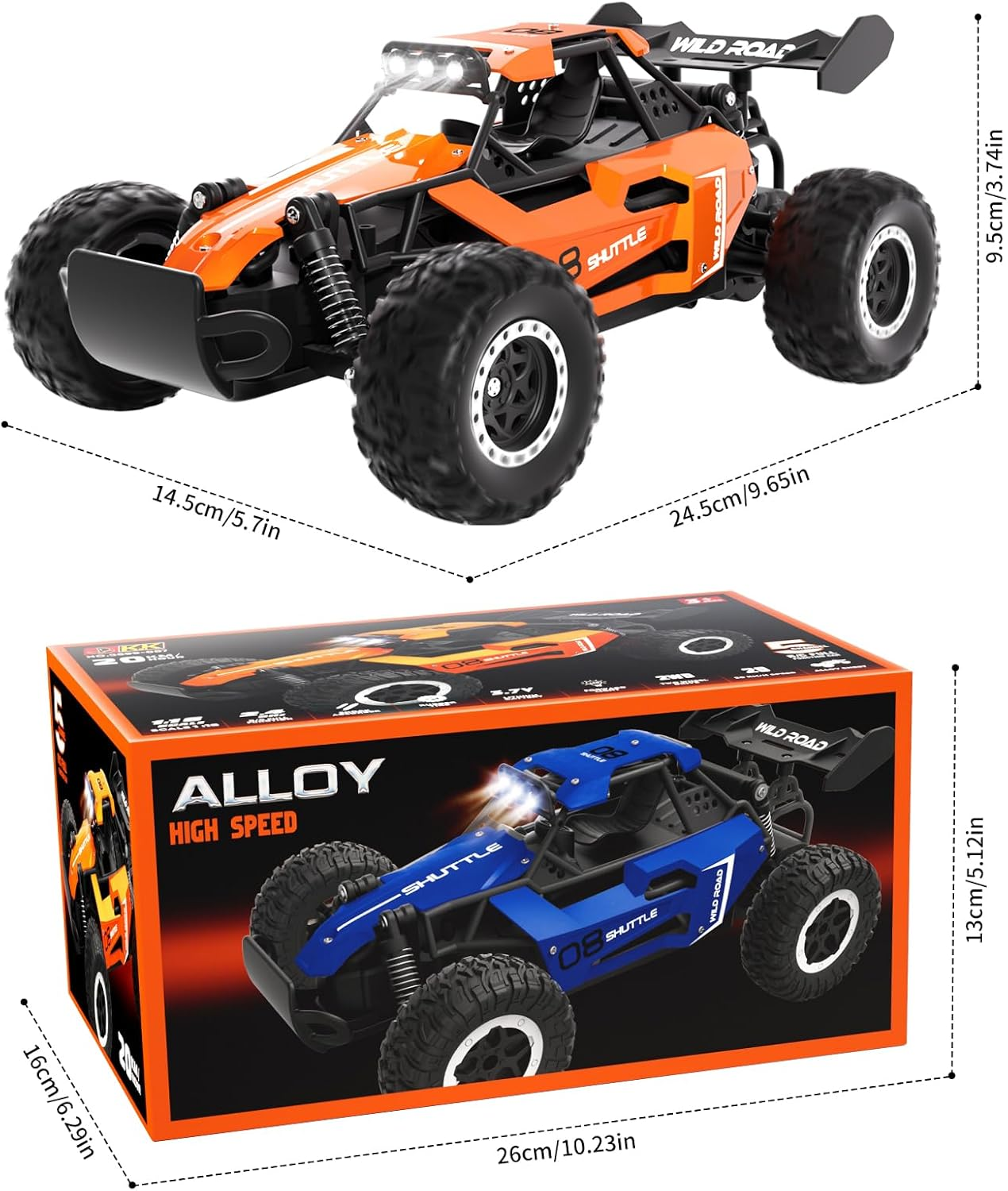 Remote Control Car,1:16 Scale Alloy RC Cars Toys for Boys Kids, 2.4Ghz 4WD Off-Road Vehicle with LED Headlight(Orange) - Black image number 2