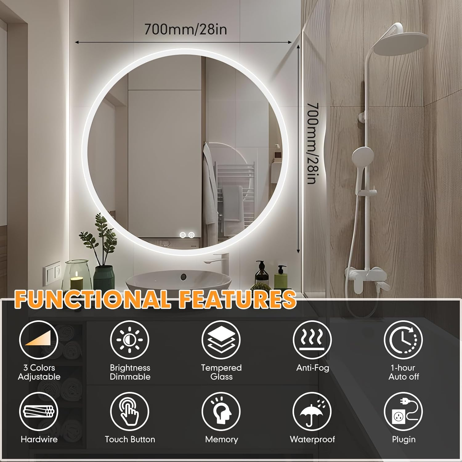 28 Inch Led Bathroom Mirror Frameless Bathroom Mirror with Lights Dimmable anti Fog Backlit Mirror round Smart Lighted Bathroom Mirrors Wall Mounted Touch Button,Tempered Glass,Memory Function image number 3