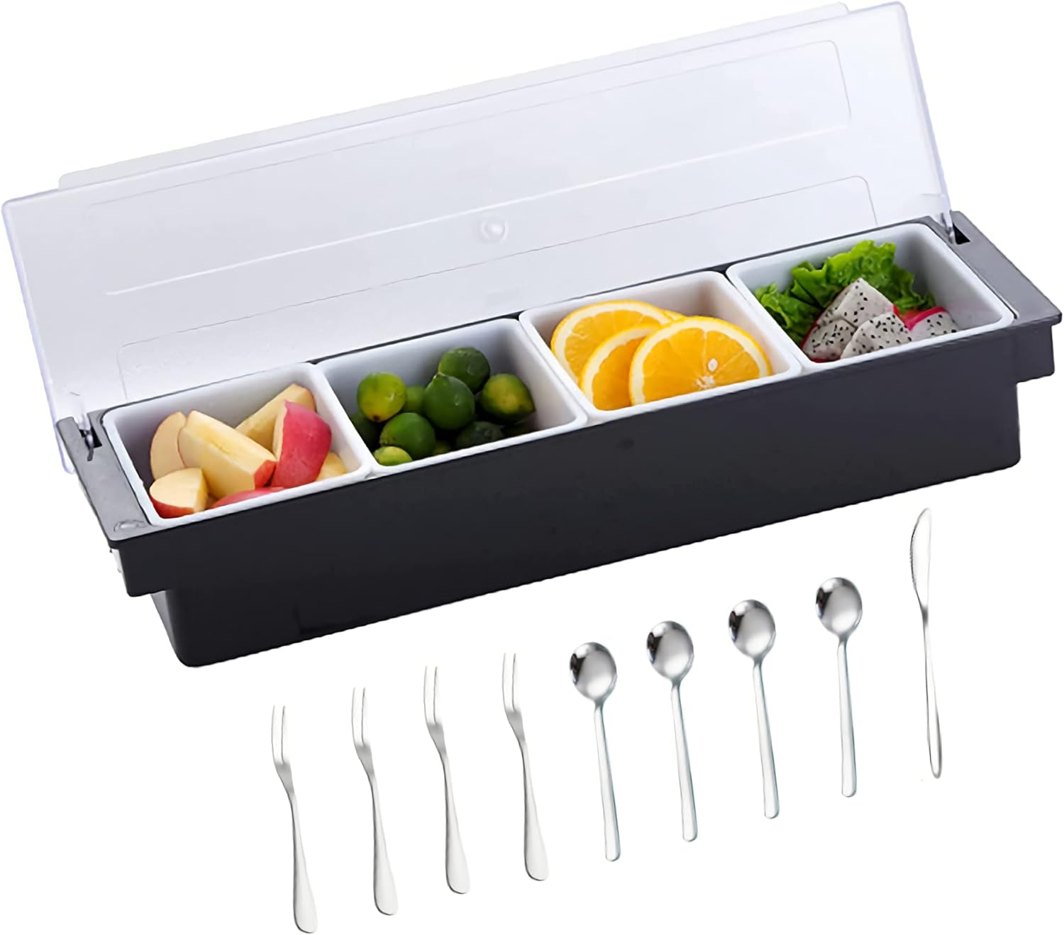 Food & Condiment Dispenser Ice Cooled Condiment Caddy,4 Compartment Garnish Stations Tray with Lid,4 Spoons,4 Forks,1 Fruit Knives,Chilled Condiment Server Caddyfor Bar Home Restaurant image number 2