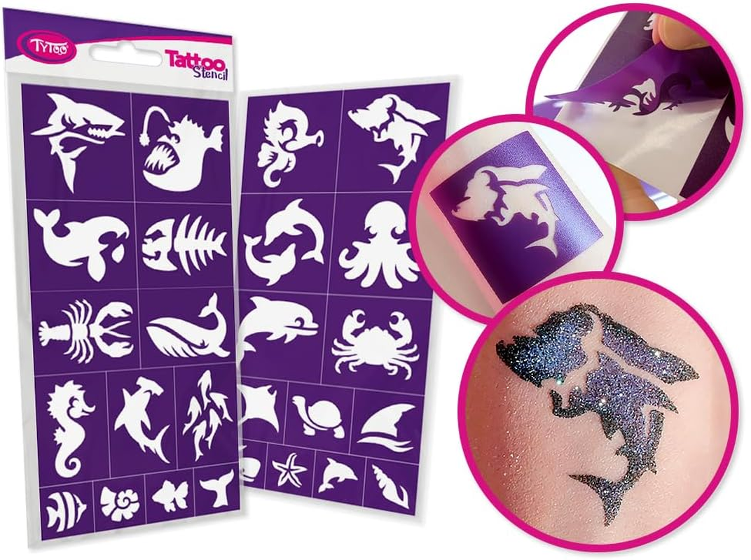 Tytoo Glitter Tattoo Stencil Set - Reusable Templates for Children & Adults - EU Design, Skin-Friendly, Perfect for Parties, Children'S Make-Up & Body Painting (Sea Animals) image number 5