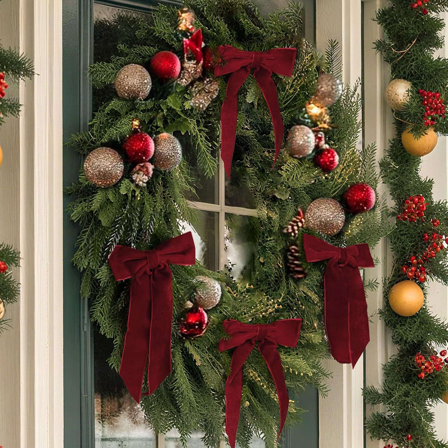 Christmas Decorations - Christmas Bows - 24 Pcs 7 X 6 Inch Medium Wine Red Velvet Bows for Christmas Tree - Burgundy Xmas Ribbon Ornaments - Home Decor for Wreath Garland Gift Wrapping Wedding Party