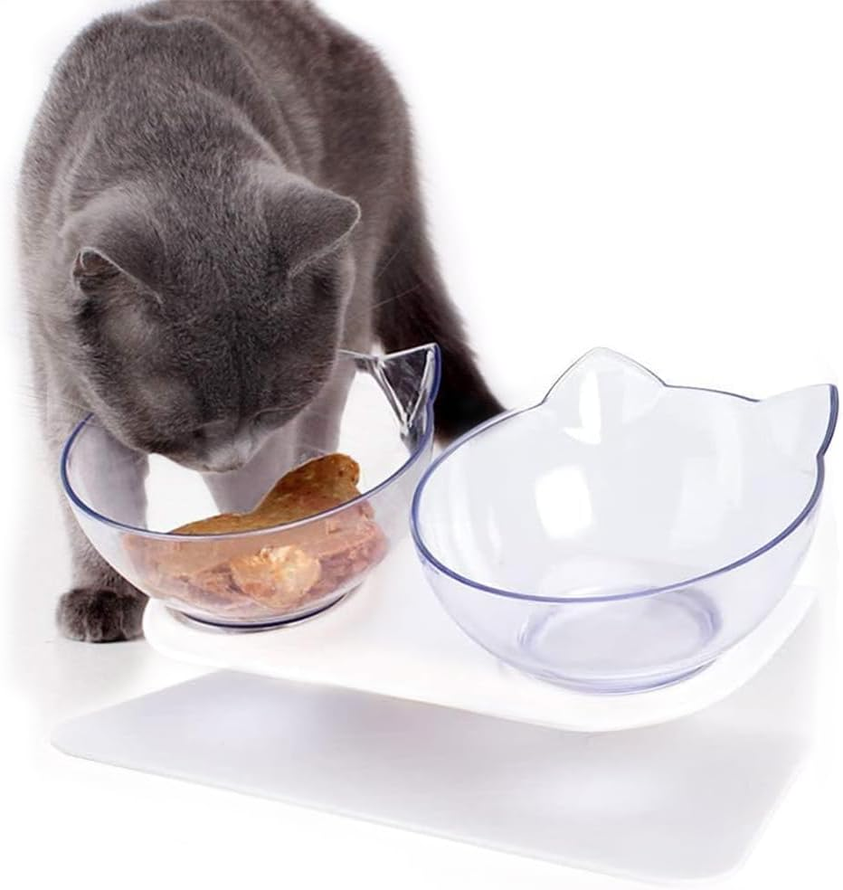 Mumoo Bear Double Elevated Cat Bowls with Raised Stand, Cat Bowl Design Neck Guard Stand Raised Pet Food Water Feeder Bowl,Cute Cat Face Elevated Cat Bowlfor Kitten or Small Dogs, White Clear image number 4