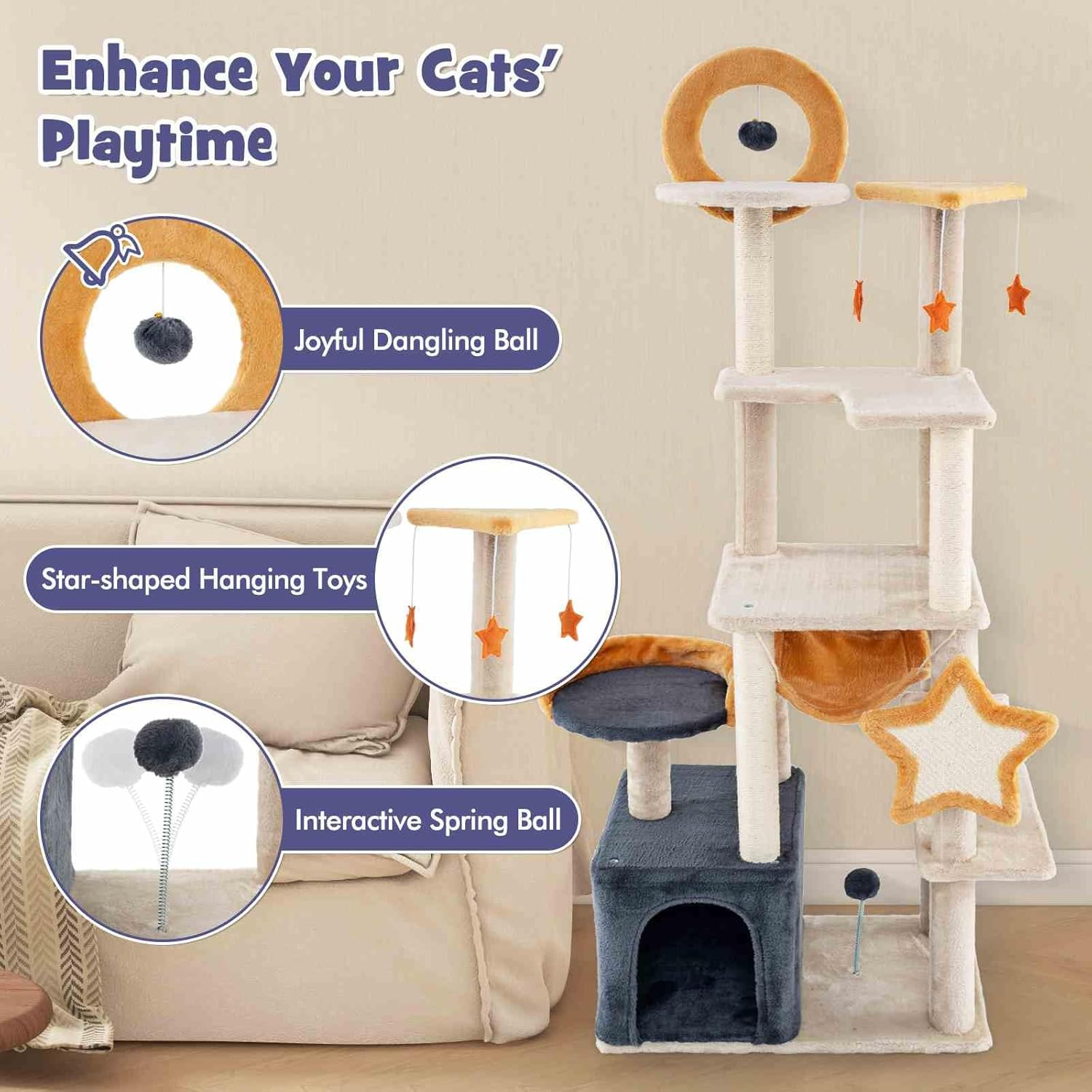 Costway 160Cm Cute Cat Tree for Indoor Cats, Multi-Level Cat Tower W/Sisal Scratching Posts & Board, Condo, Plush Perch & Platforms, Hanging Toys, Spring Ball, Large Kitty Activity Center image number 2