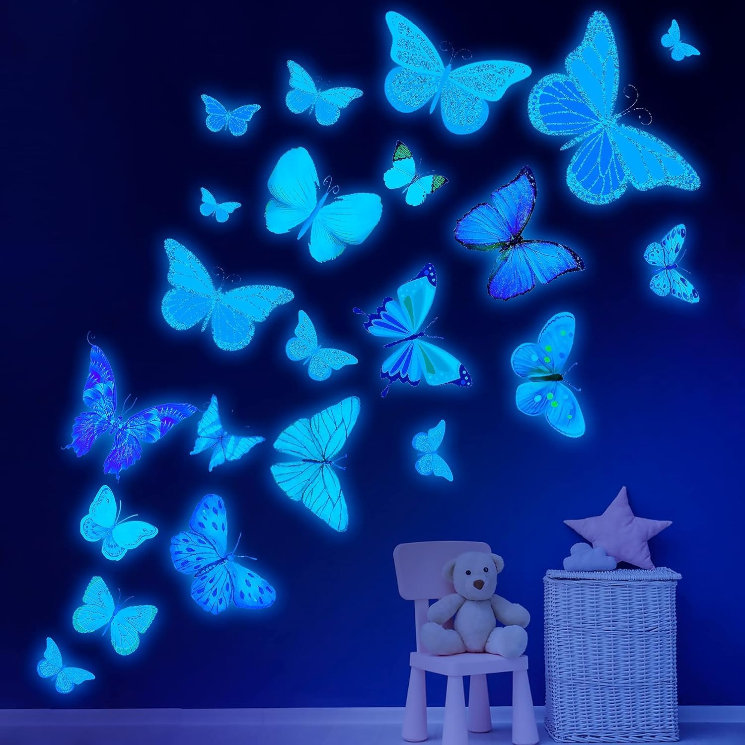 Glow Butterfly Wall Decor Stickers, 58Pcs Luminous Butterfly Wall Decals, Colorful Wall Art, DIY Glow in the Dark Wall Decals for Kids, Girls Bedroom, Bathroom Decorations (Sky Blue) image number 6