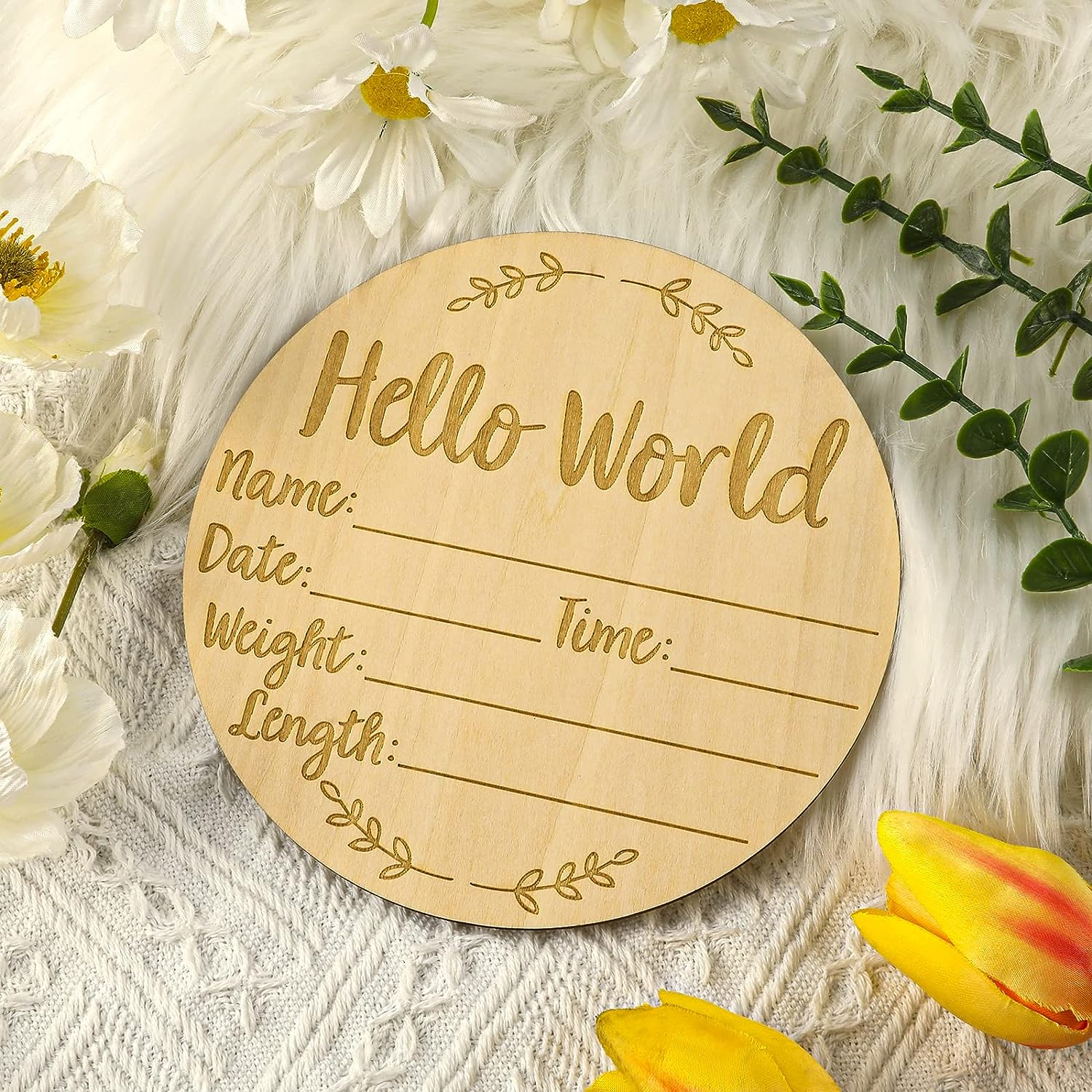 Baby Announcement Sign, 5.9 Inch Hello World Newborn Sign round Wooden Milestone Baby Nursery Name Birth Signs for Hospital and Pregnancy Announcements
