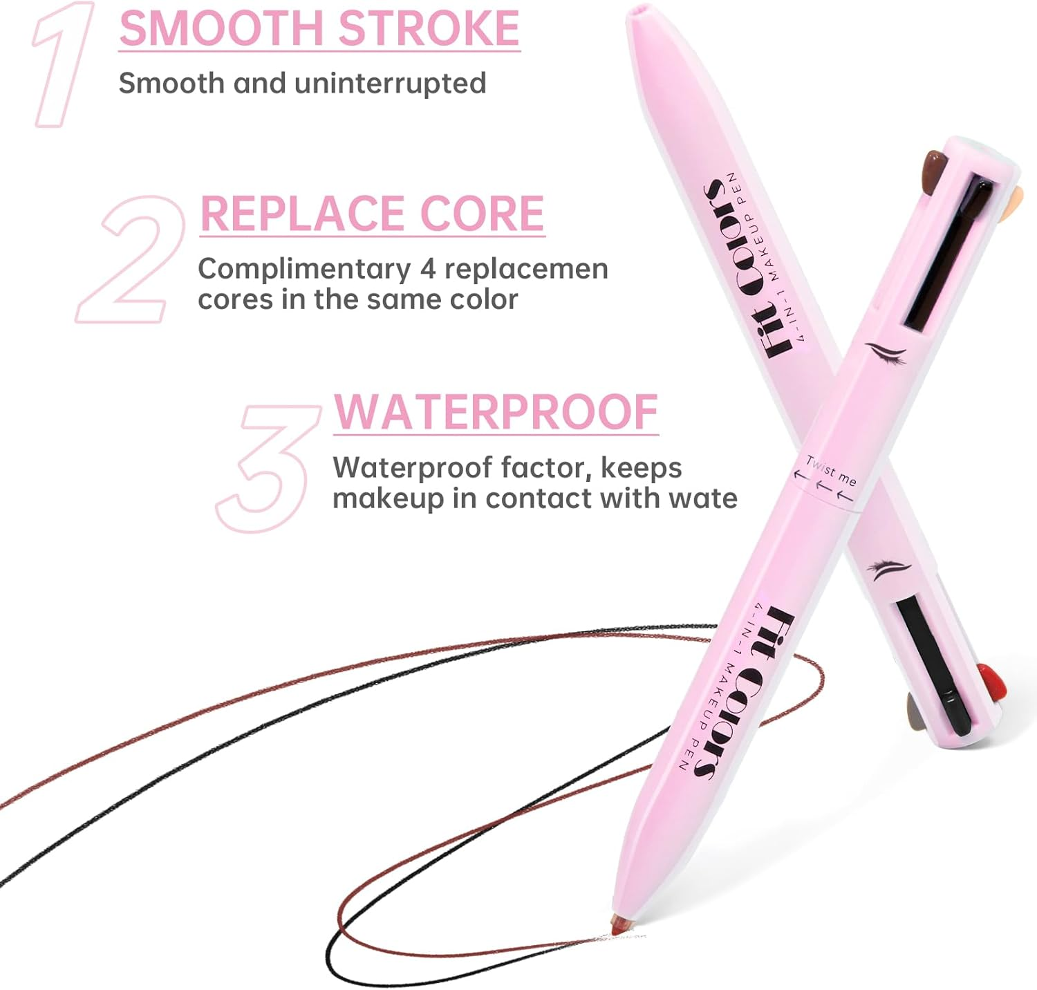 Noerrors 4-In-1 Makeup Pen, 4 Colours Eyeliner Eyebrow Lip Liner Highlighter Beauty Pen for Face Eyes Lips Multifunctional Portable Makeup with Replacement Refills image number 4