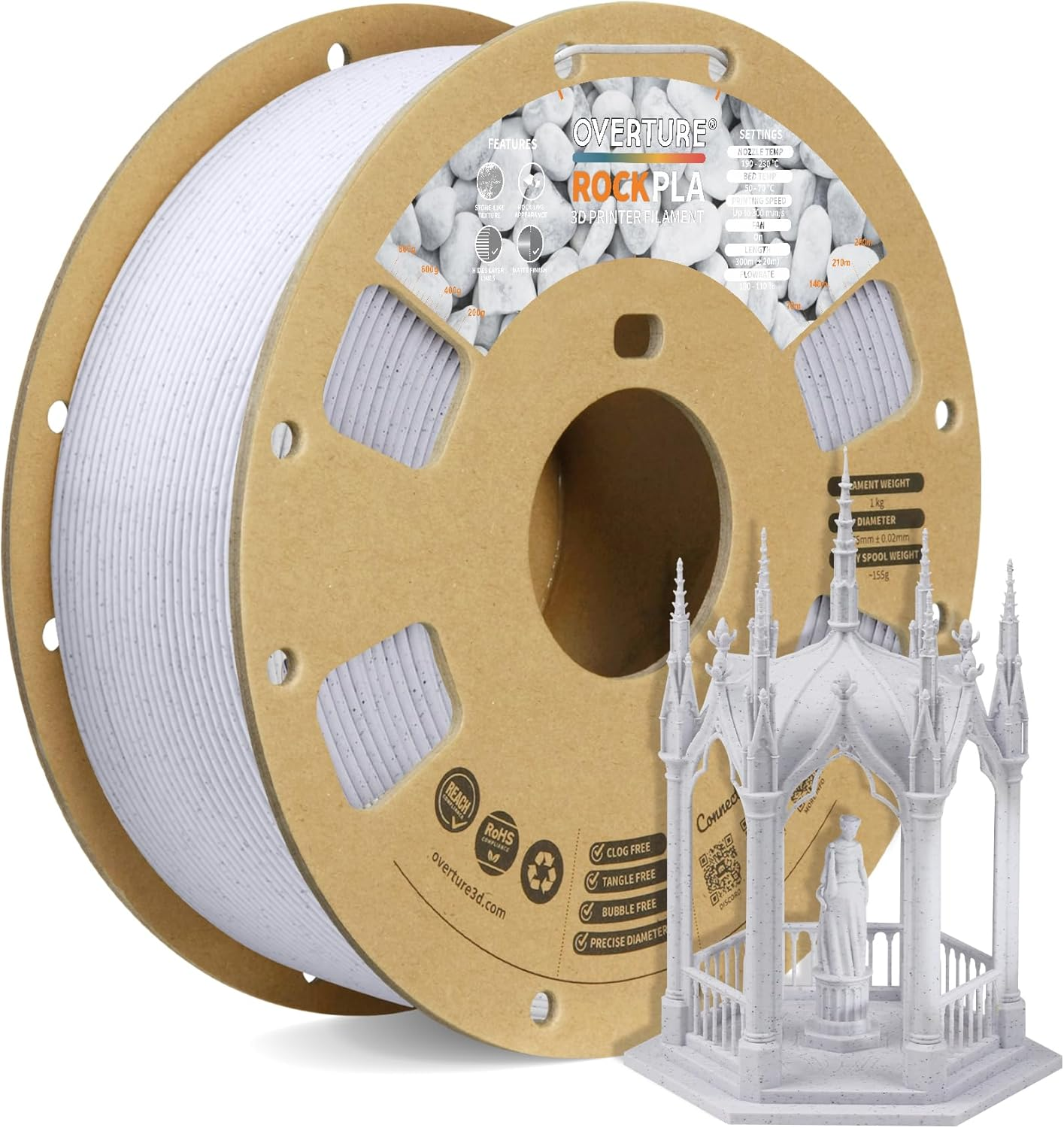OVERTURE Rock PLA Filament 1.75Mm, Marble PLA 3D Printer Filament 1Kg Spool (2.2Lbs), Dimensional Accuracy +/- 0.02 Mm, Fit Most FDM Printer (Rock White)