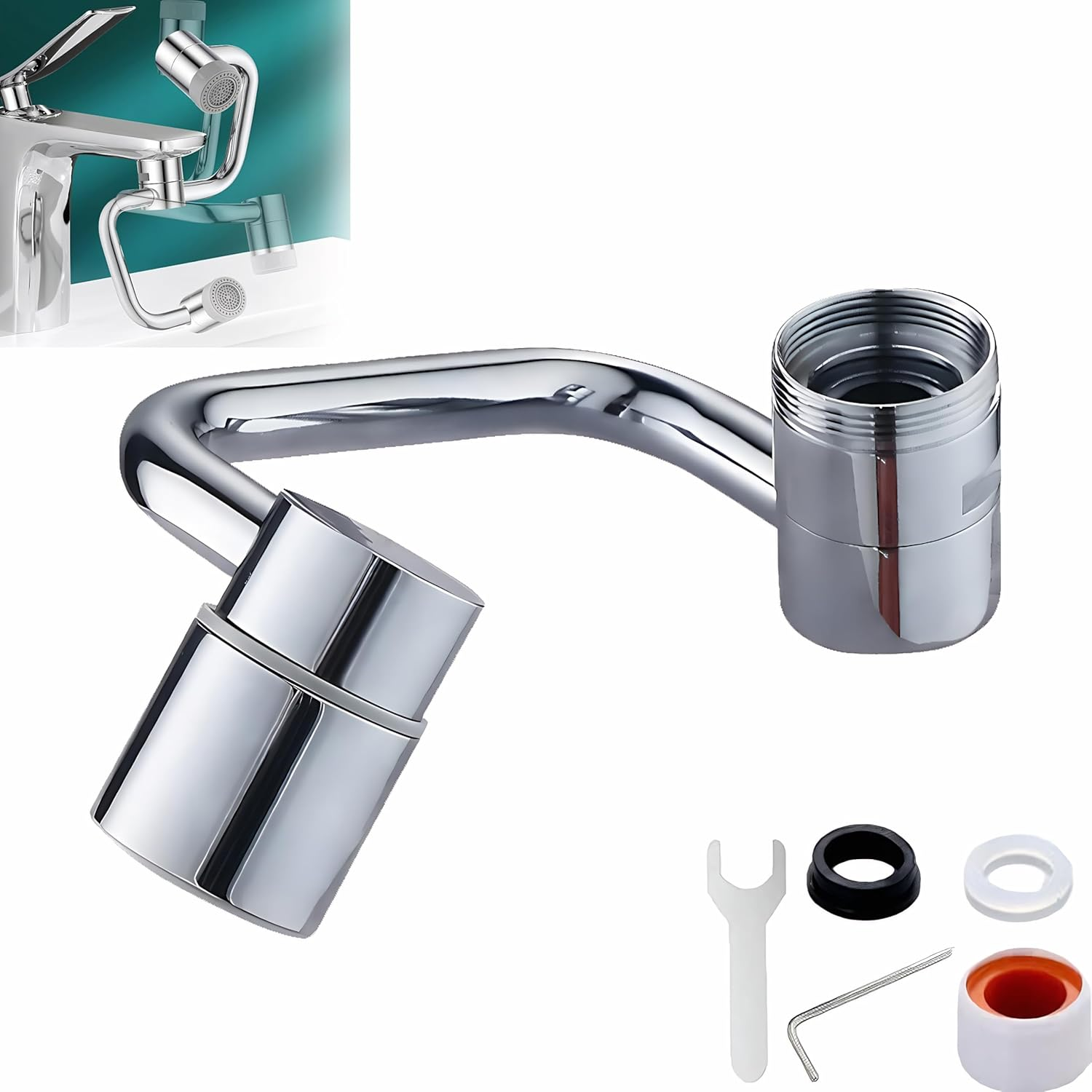 Kitchen Sink Tap Extender, 1080&deg; Brass Faucet Extension with Dual Water Modes (Silver) image number 1