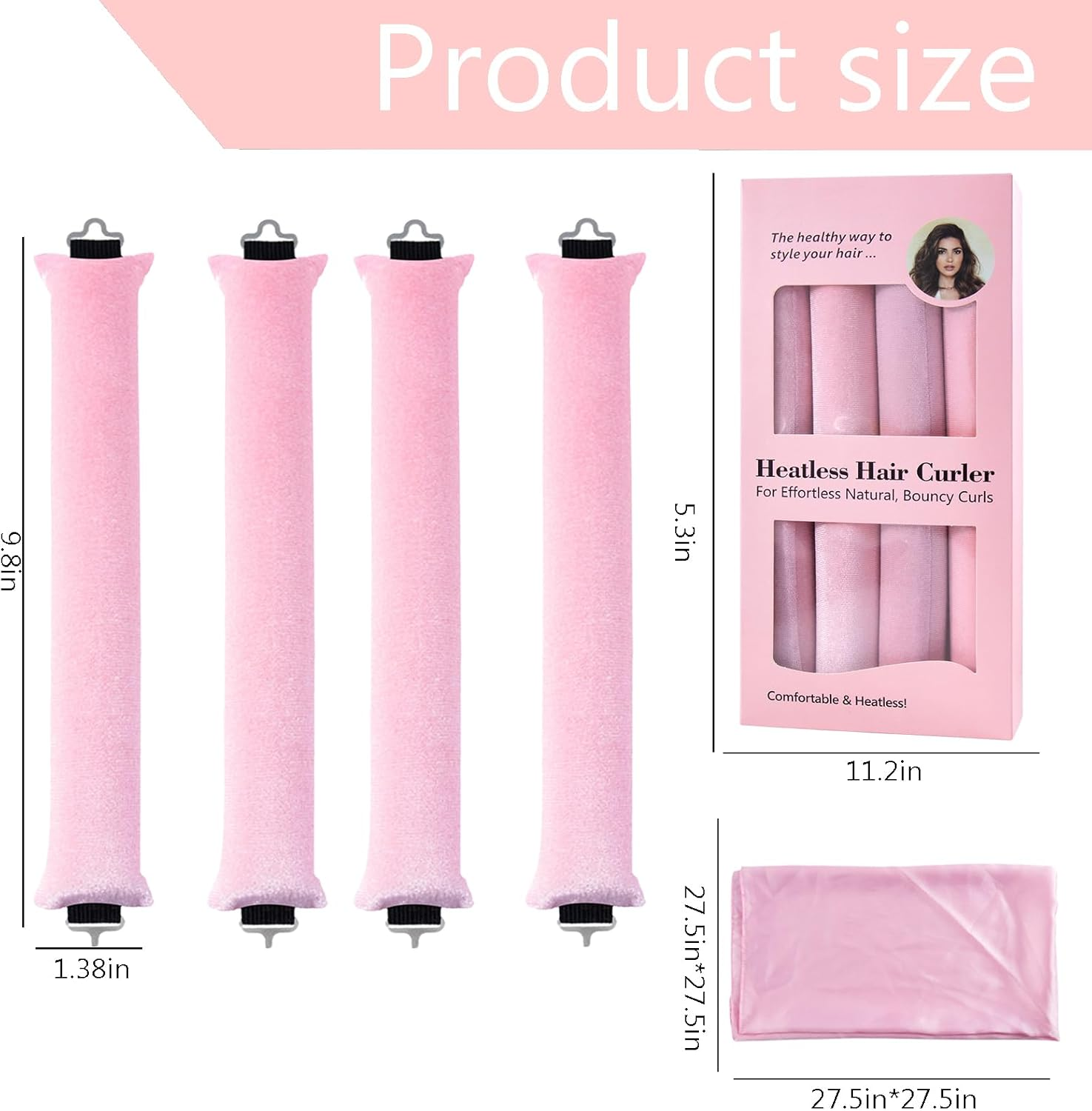 Heatless Hair Curler Rod Headband for Hair Styling, Sleep Overnight Heatless Curling Rollers Set Styling Tools, 4 Pack Pink Curling Rods with One Silk Head Scarf image number 4